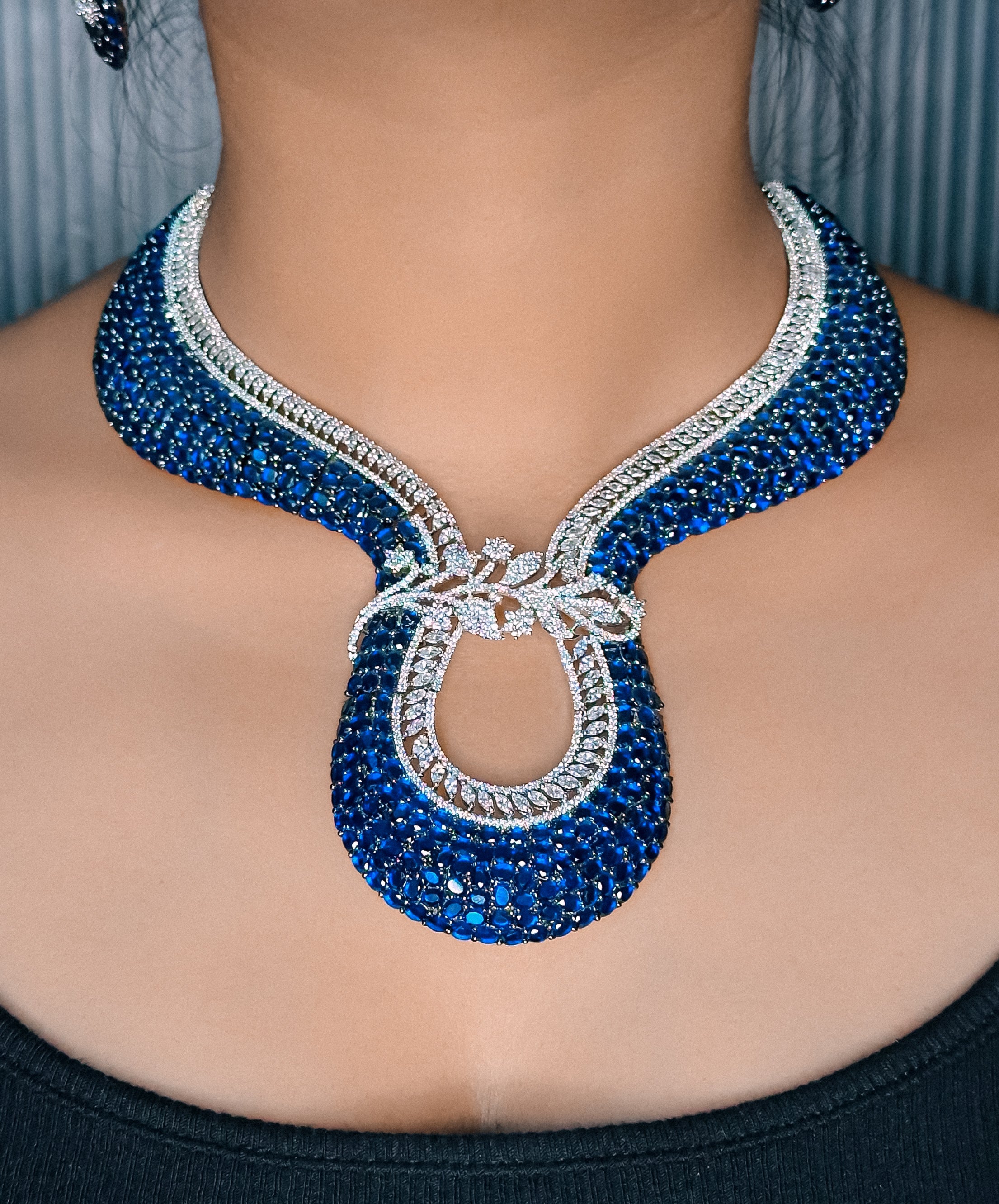 AD Blue Stone Choker Necklace Set -Kavipushp Blings