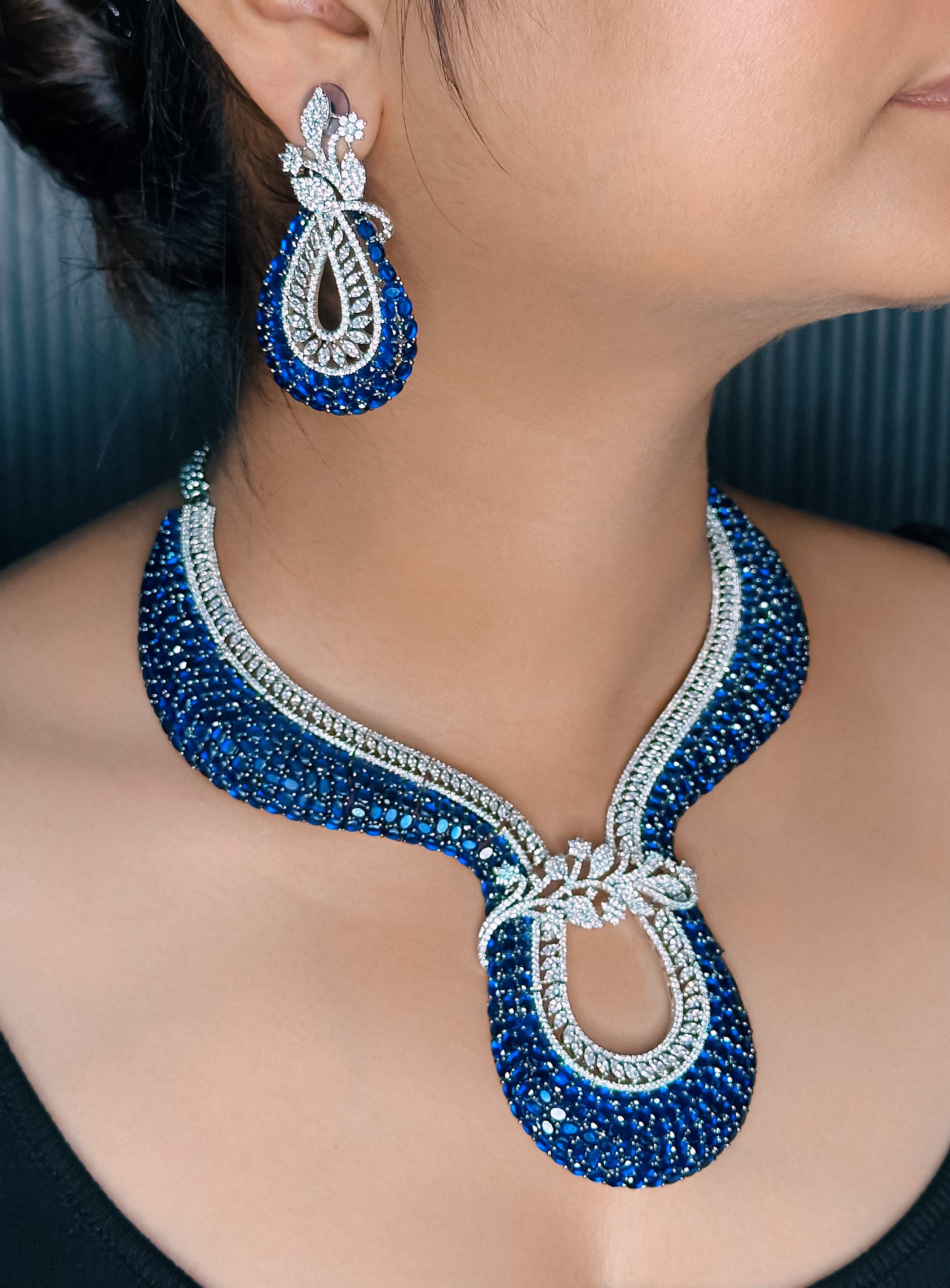 AD Blue Stone Choker Necklace Set -Kavipushp Blings