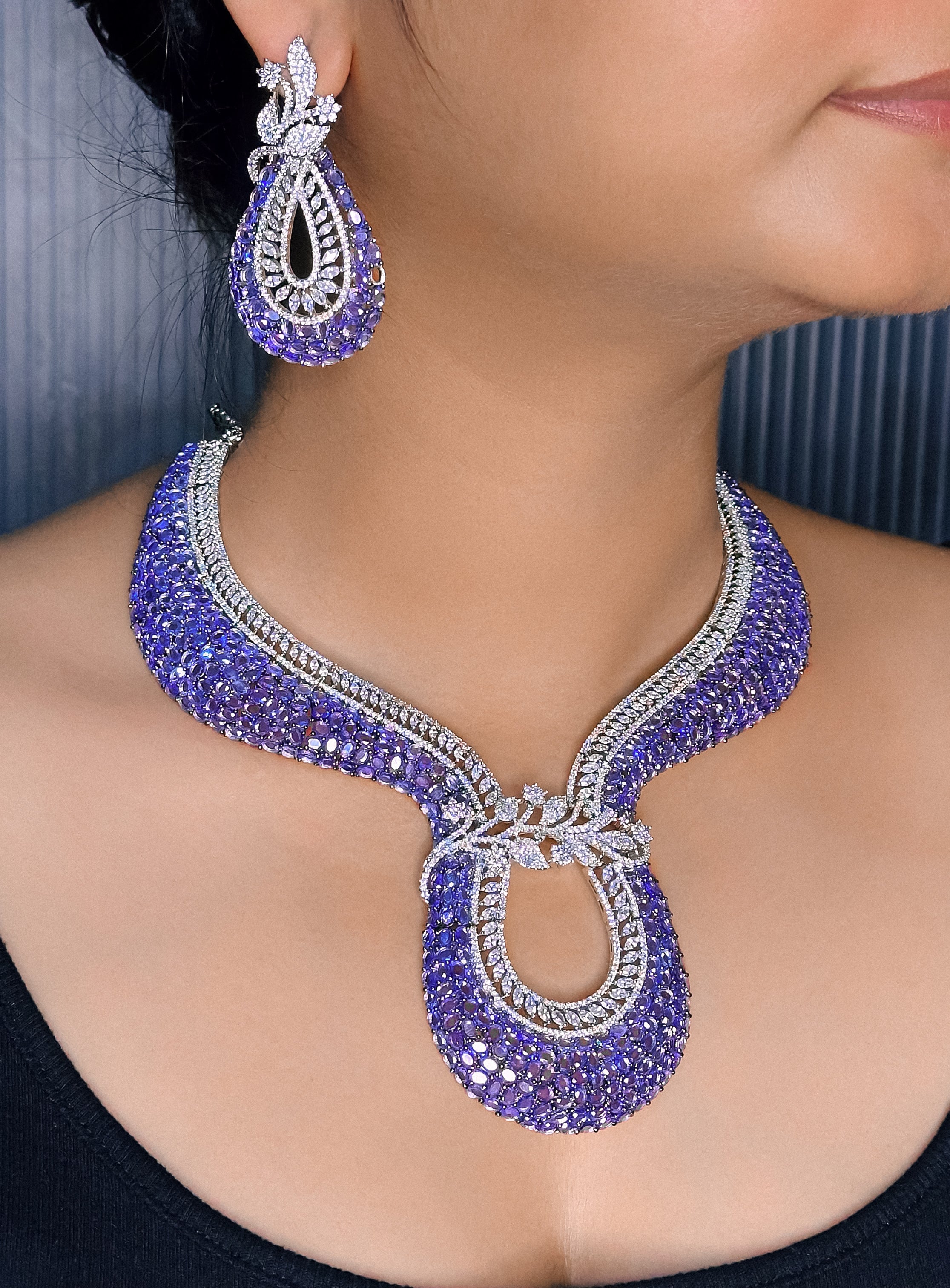 AD Purple Stone Choker Necklace Set -Kavipushp Blings