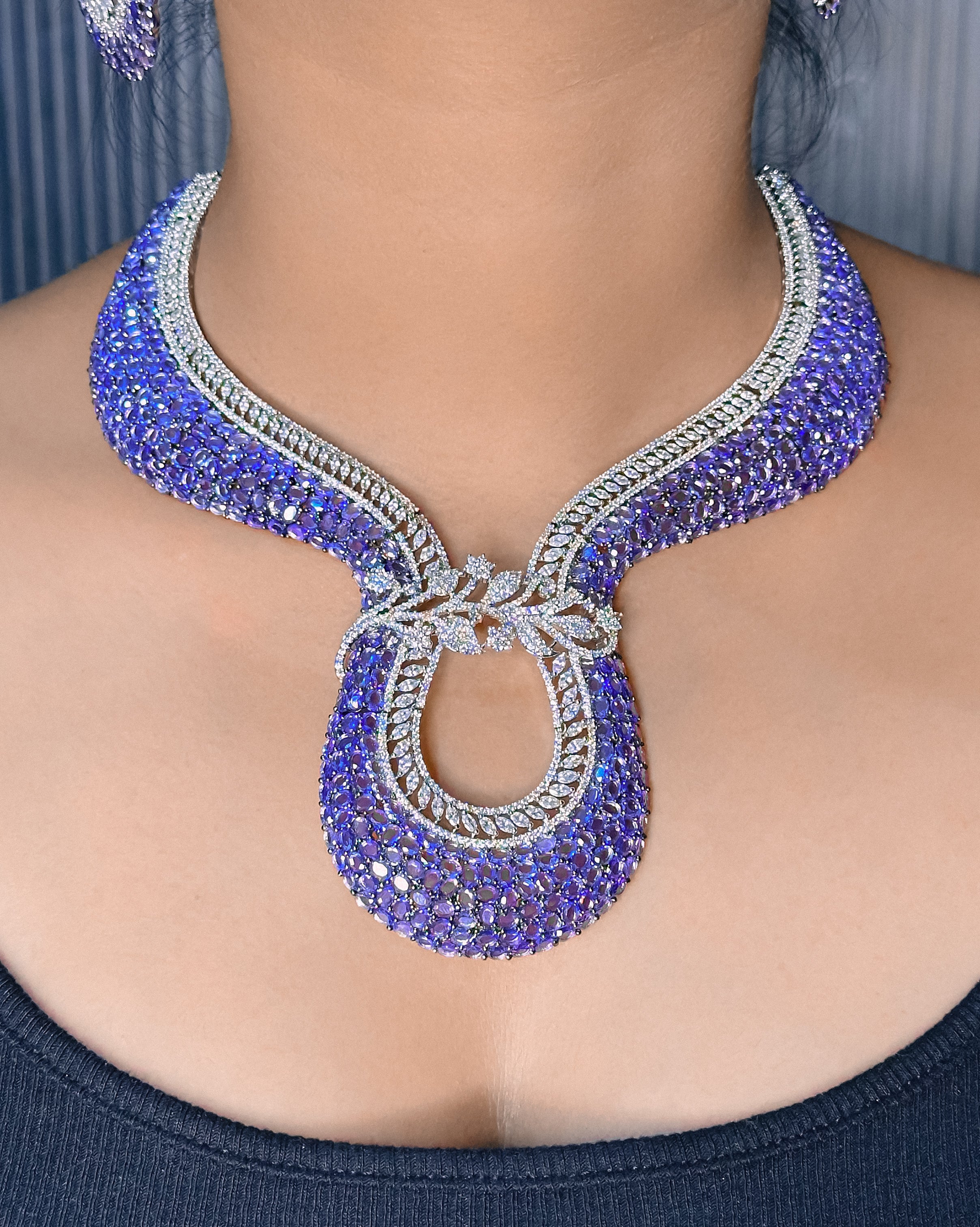 AD Purple Stone Choker Necklace Set -Kavipushp Blings