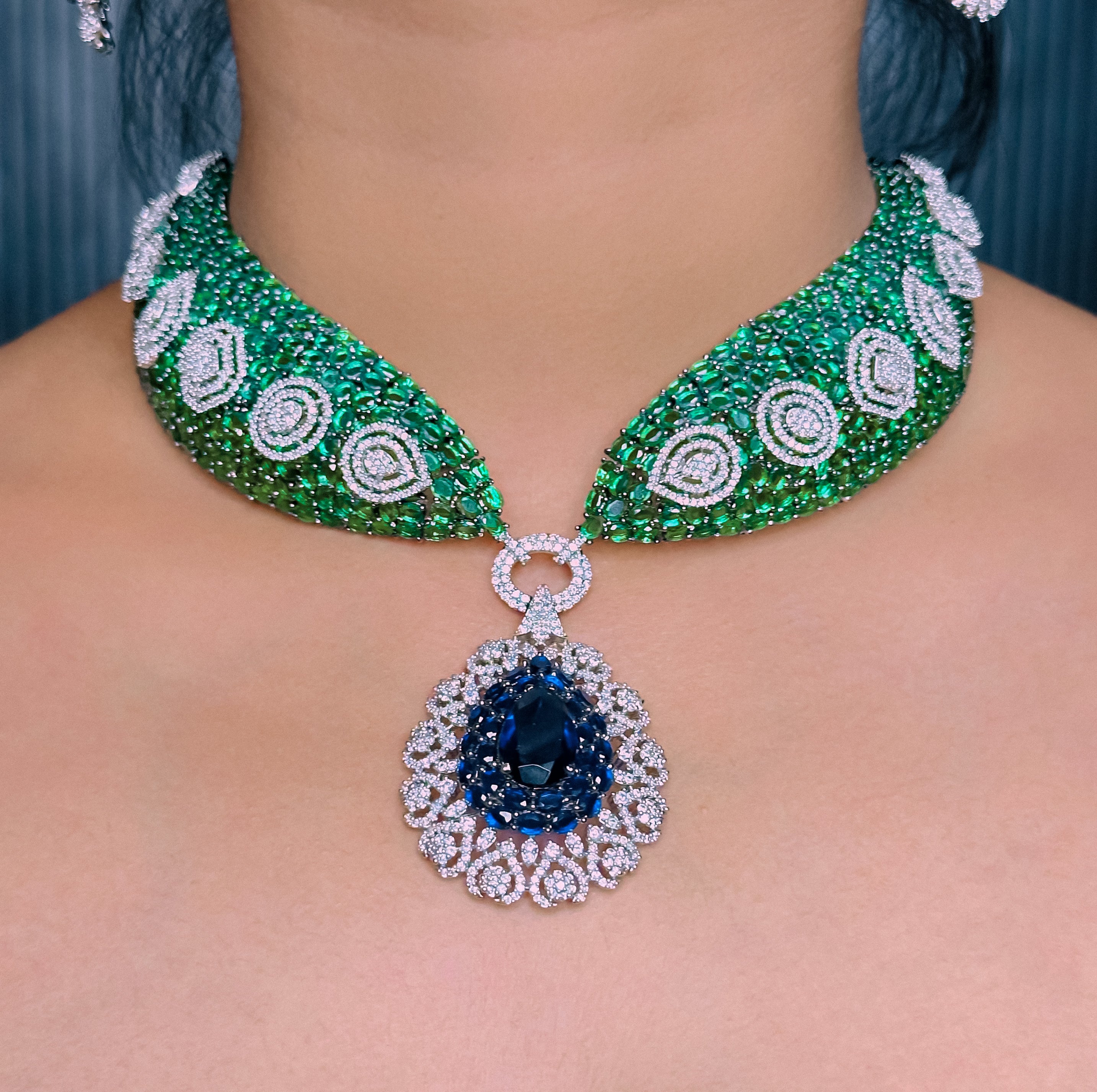 CZ Green Stone Choker Necklace Set -Kavipushp Blings