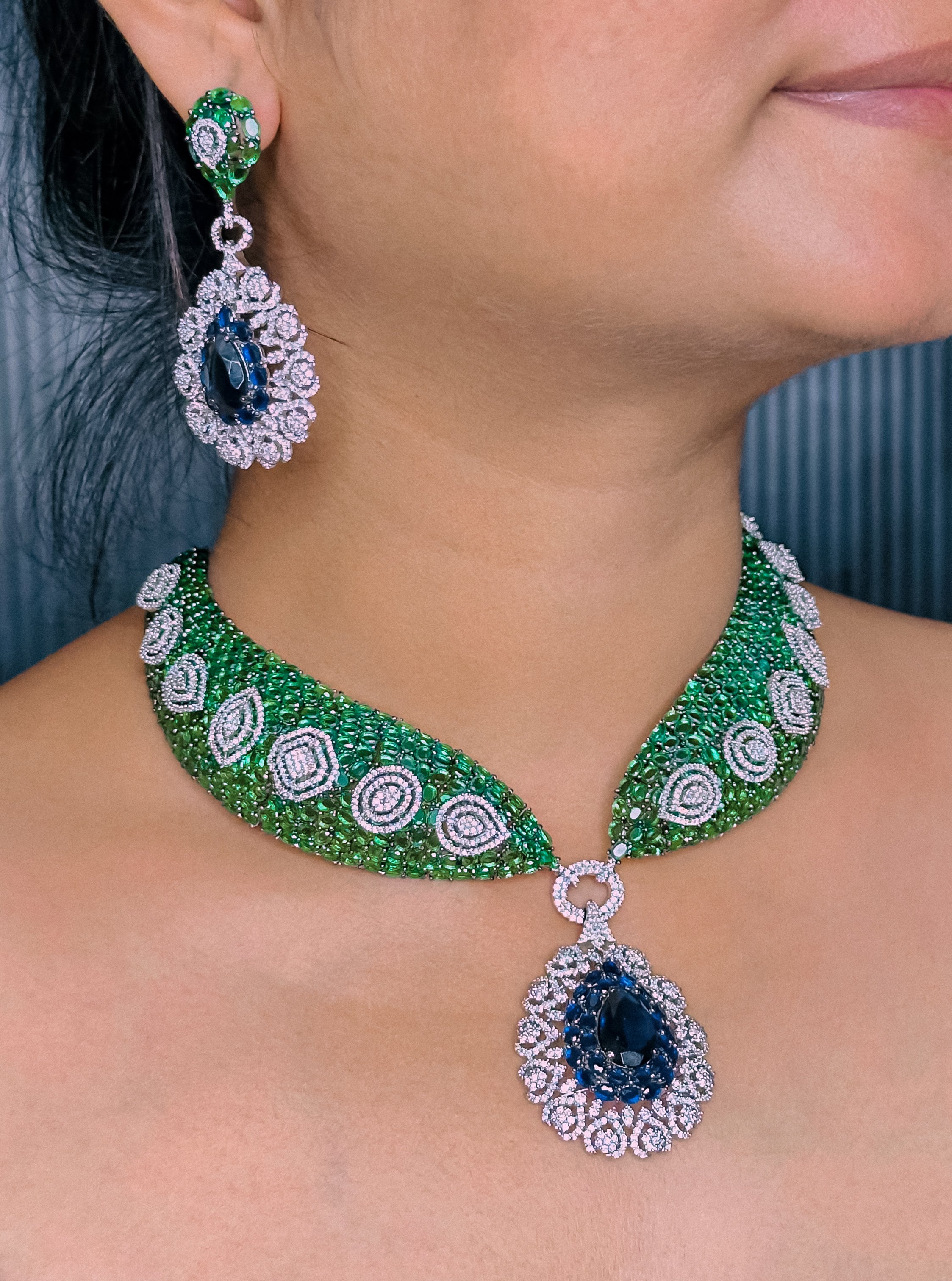 CZ Green Stone Choker Necklace Set -Kavipushp Blings