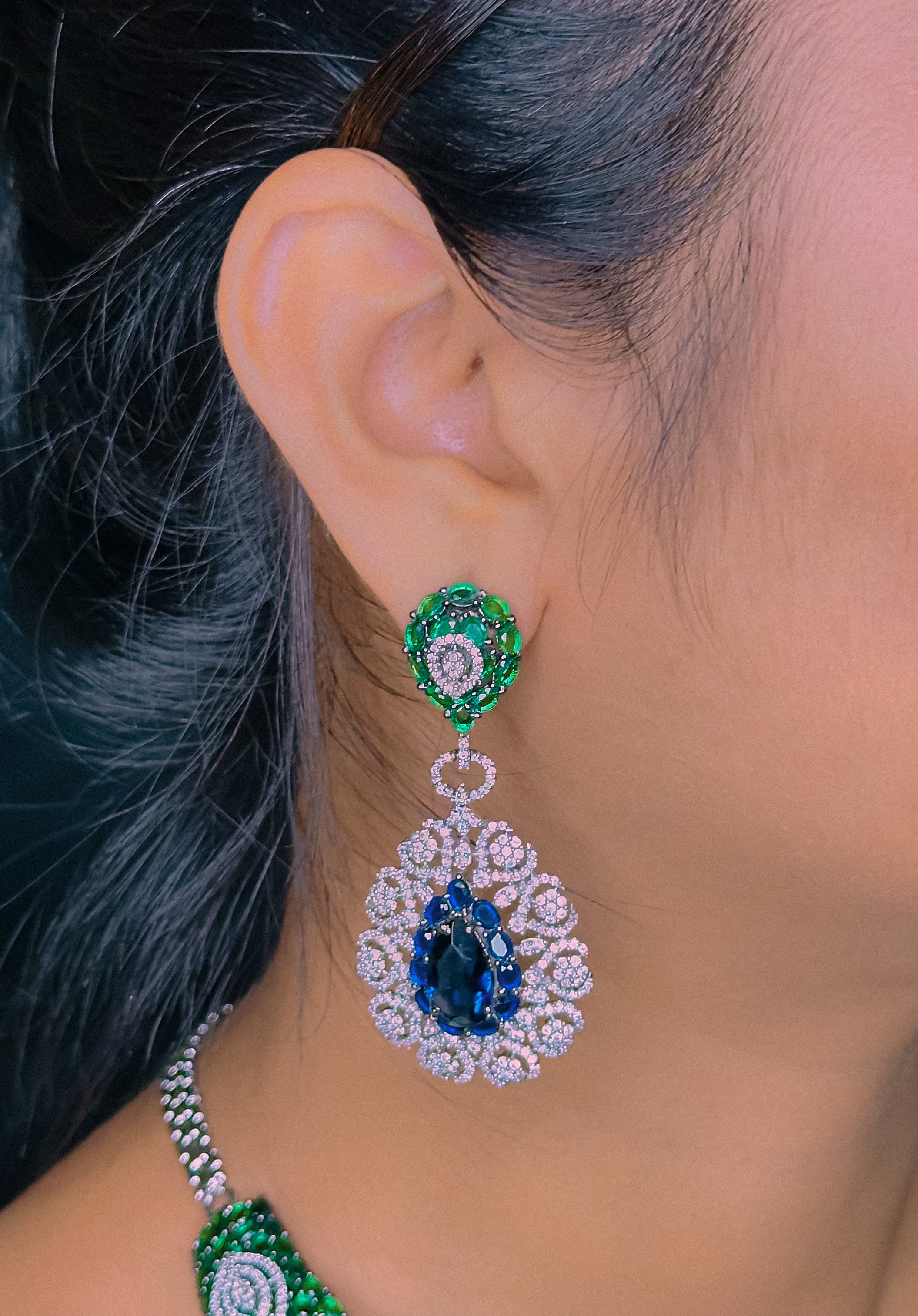 CZ Green Stone Choker Necklace Set -Kavipushp Blings