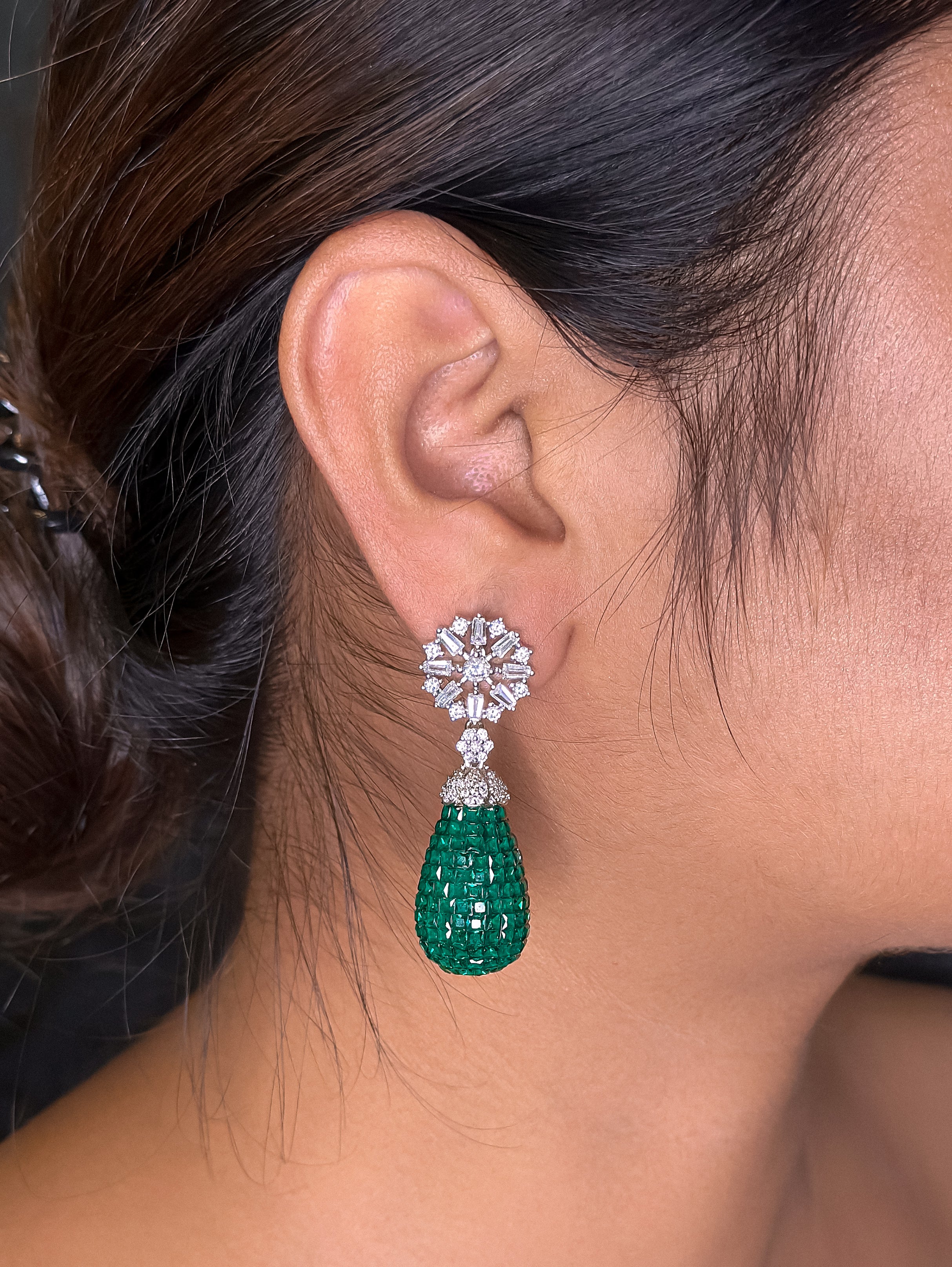 Emerald Green Drop Earring For Girls , Diamond Studded