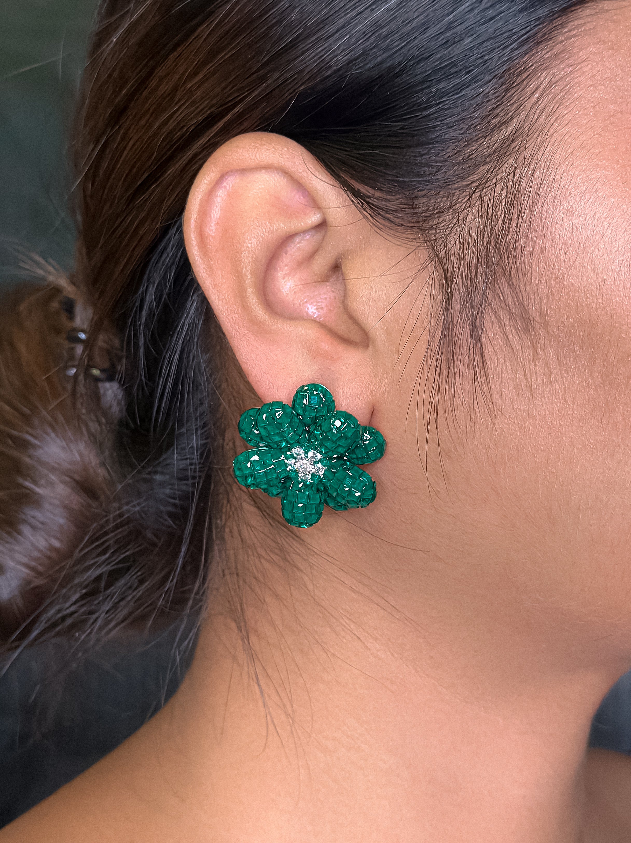 "Diamond-Studded Emerald White Stone Earrings with Green Drop Charm"