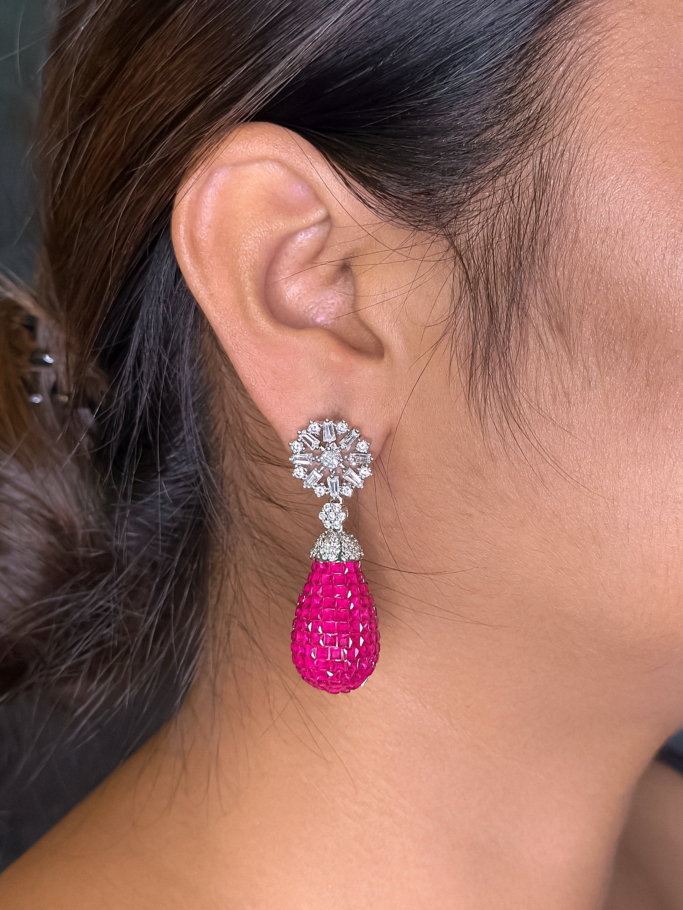 Emerald Pink Drop Earring For Girls , Diamond Studded