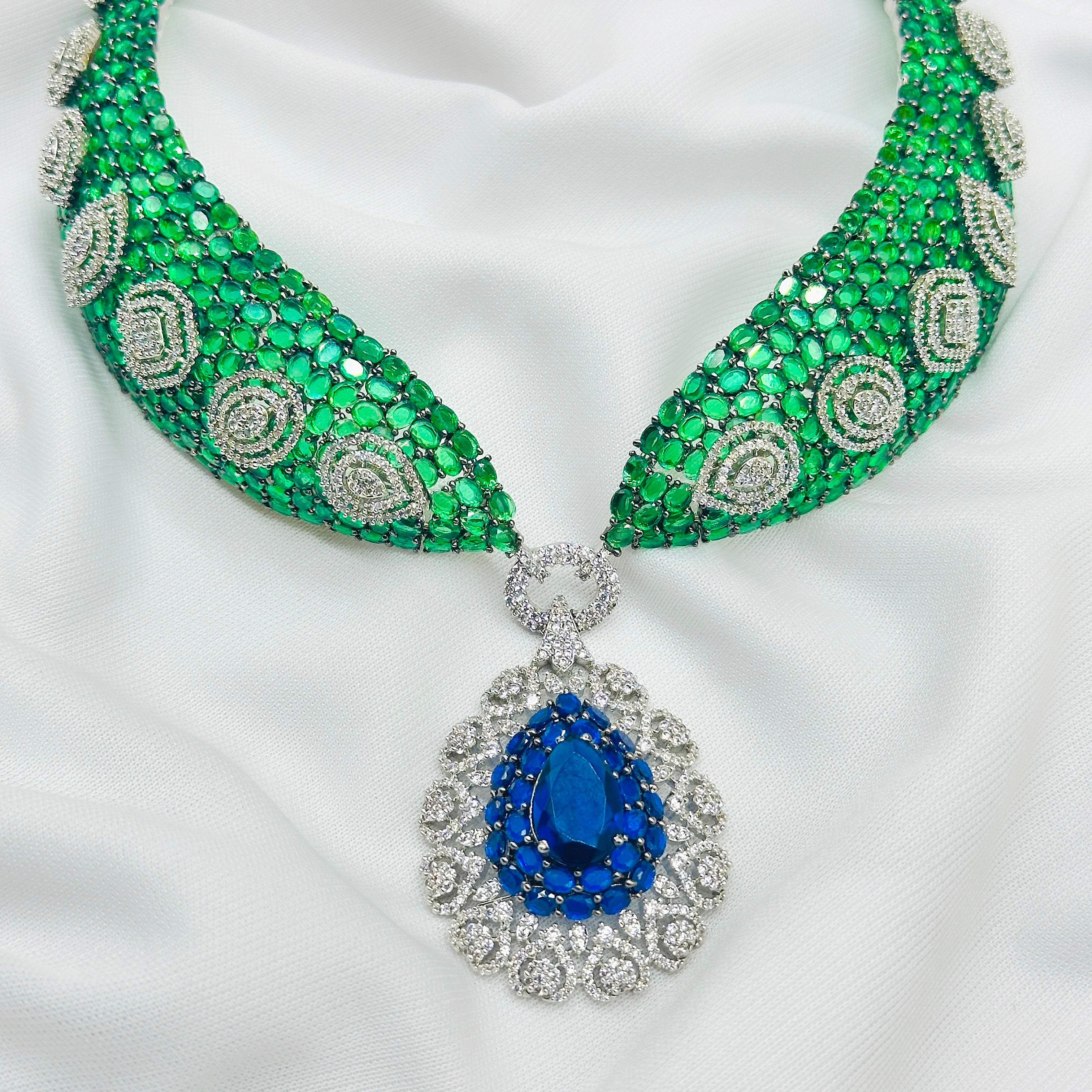 CZ Green Stone Choker Necklace Set -Kavipushp Blings