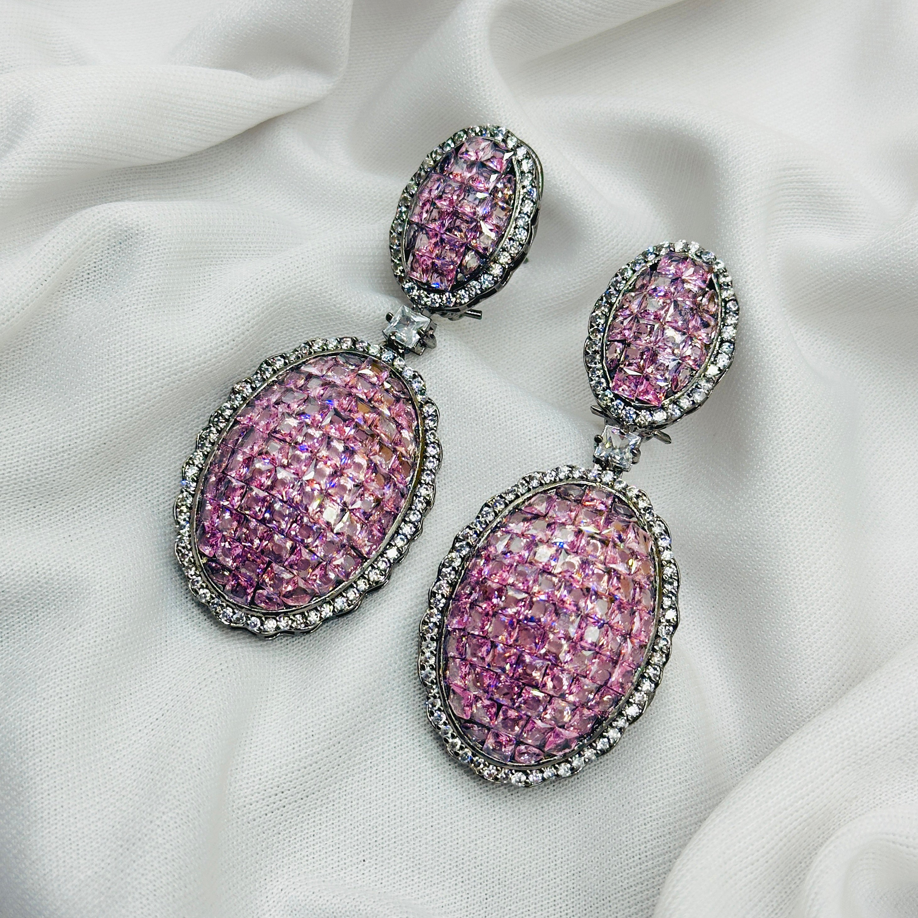"Dazzling Purple Drop Earrings – Emerald White Stone & Diamond Shine"