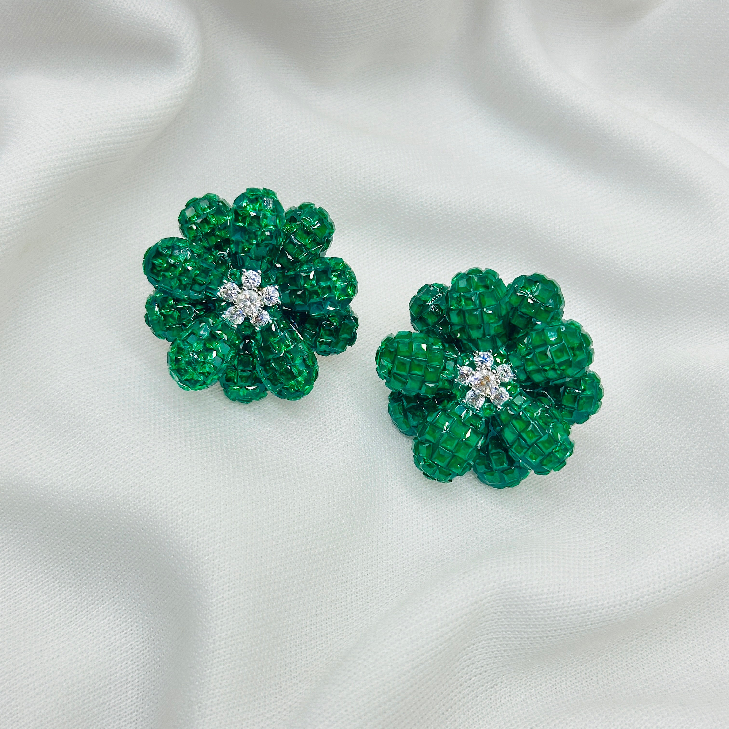 "Diamond-Studded Emerald White Stone Earrings with Green Drop Charm"