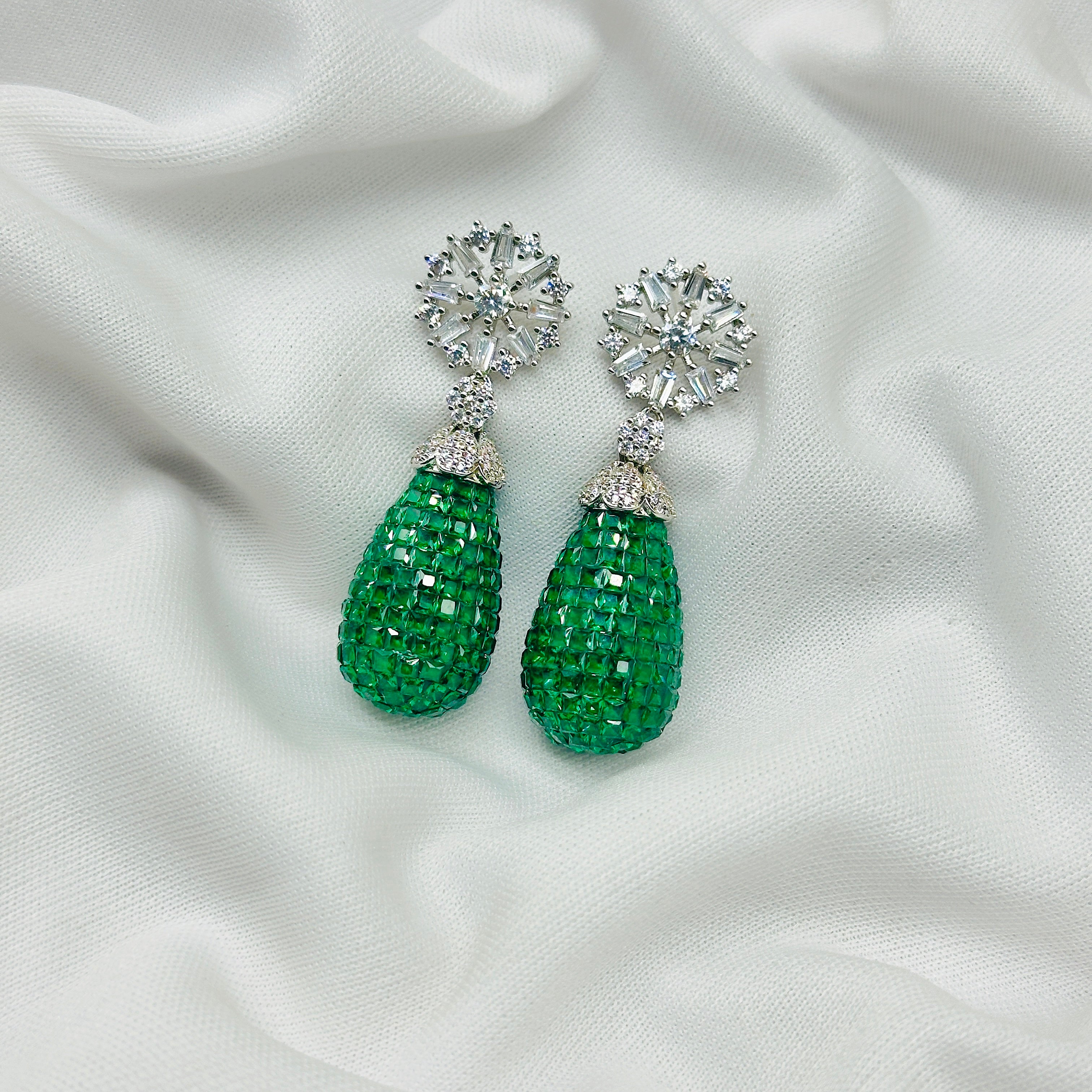 Emerald Green Drop Earring For Girls , Diamond Studded