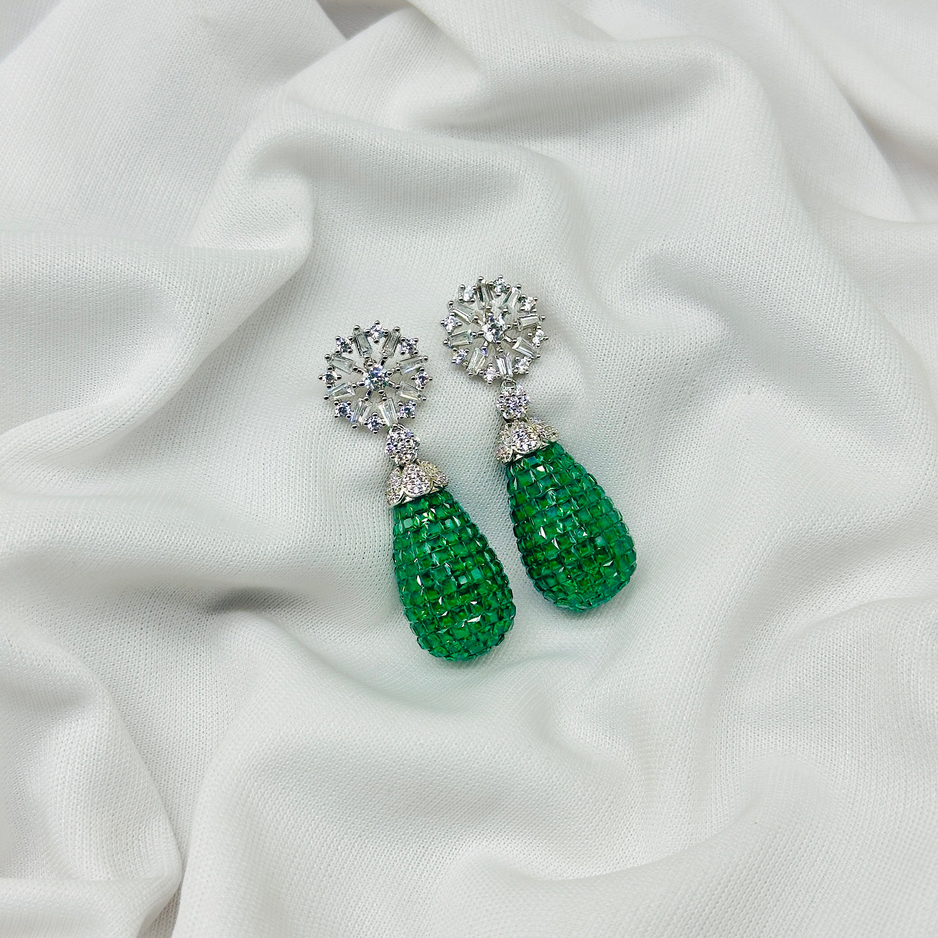 Emerald Green Drop Earring For Girls , Diamond Studded