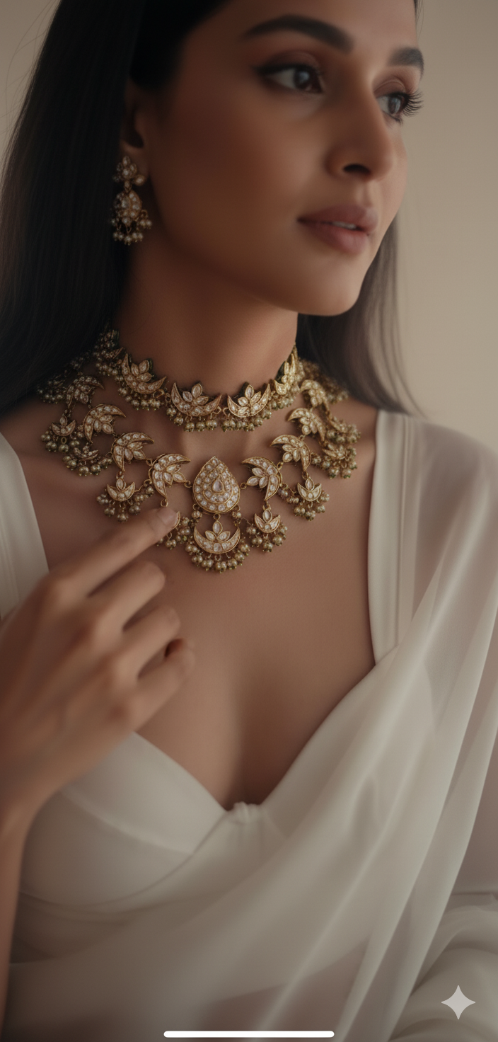 Kundan and Pearl Gold Plated Bridal Choker Necklace Set | Women’s Ethnic Wedding Jewellery