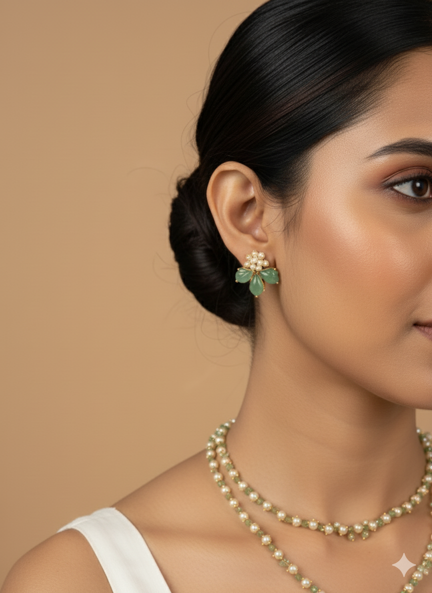 Green Stone Pearl Necklace Set with Matching Earrings