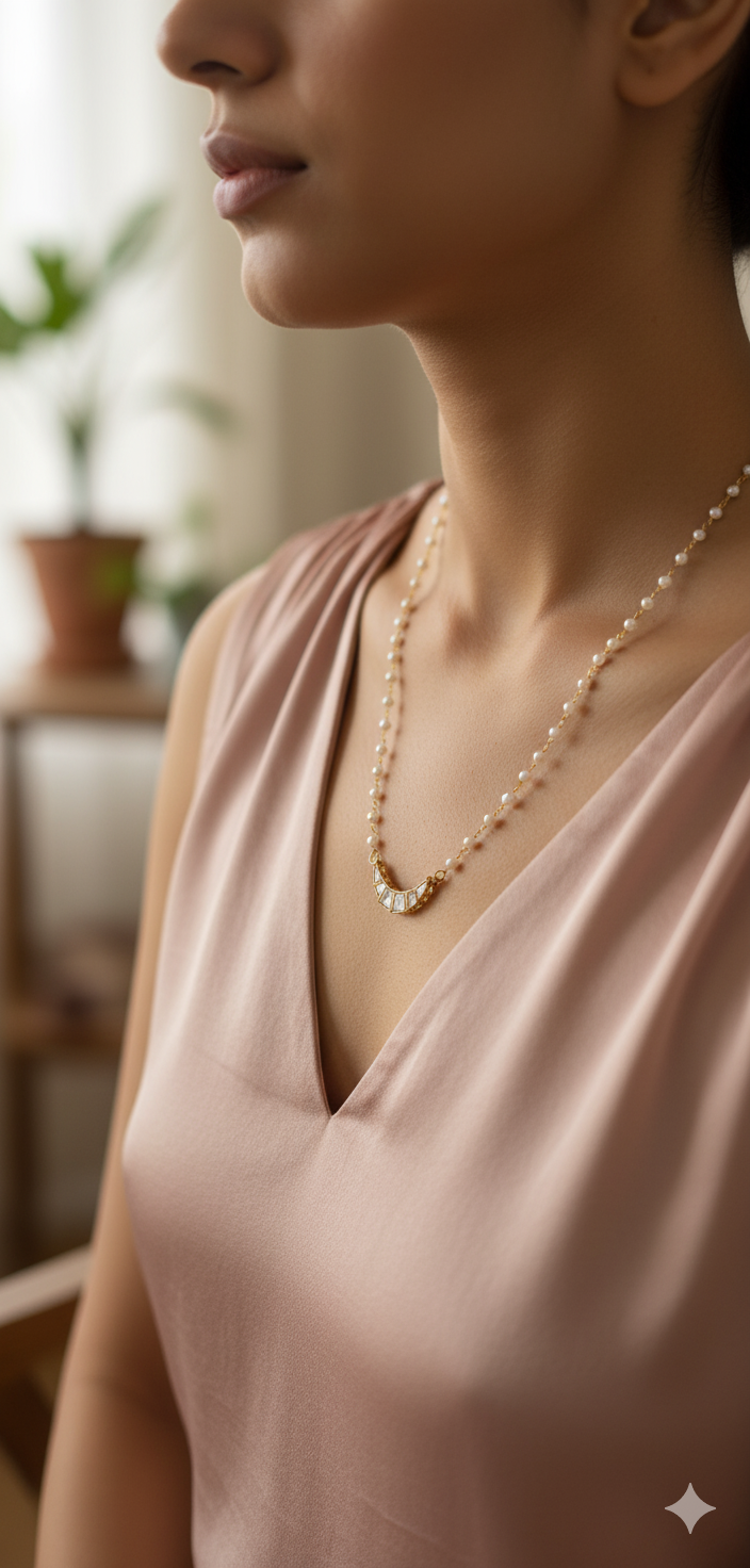 Pearl Chain with Kundan Crescent Pendant Necklace | Women’s Minimal Ethnic Jewellery