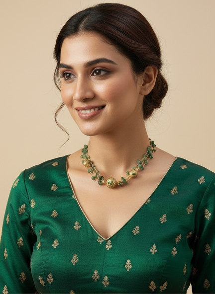 Bubble Stone Meena Pearl Layering Chain – Elegant Green & Gold Necklace