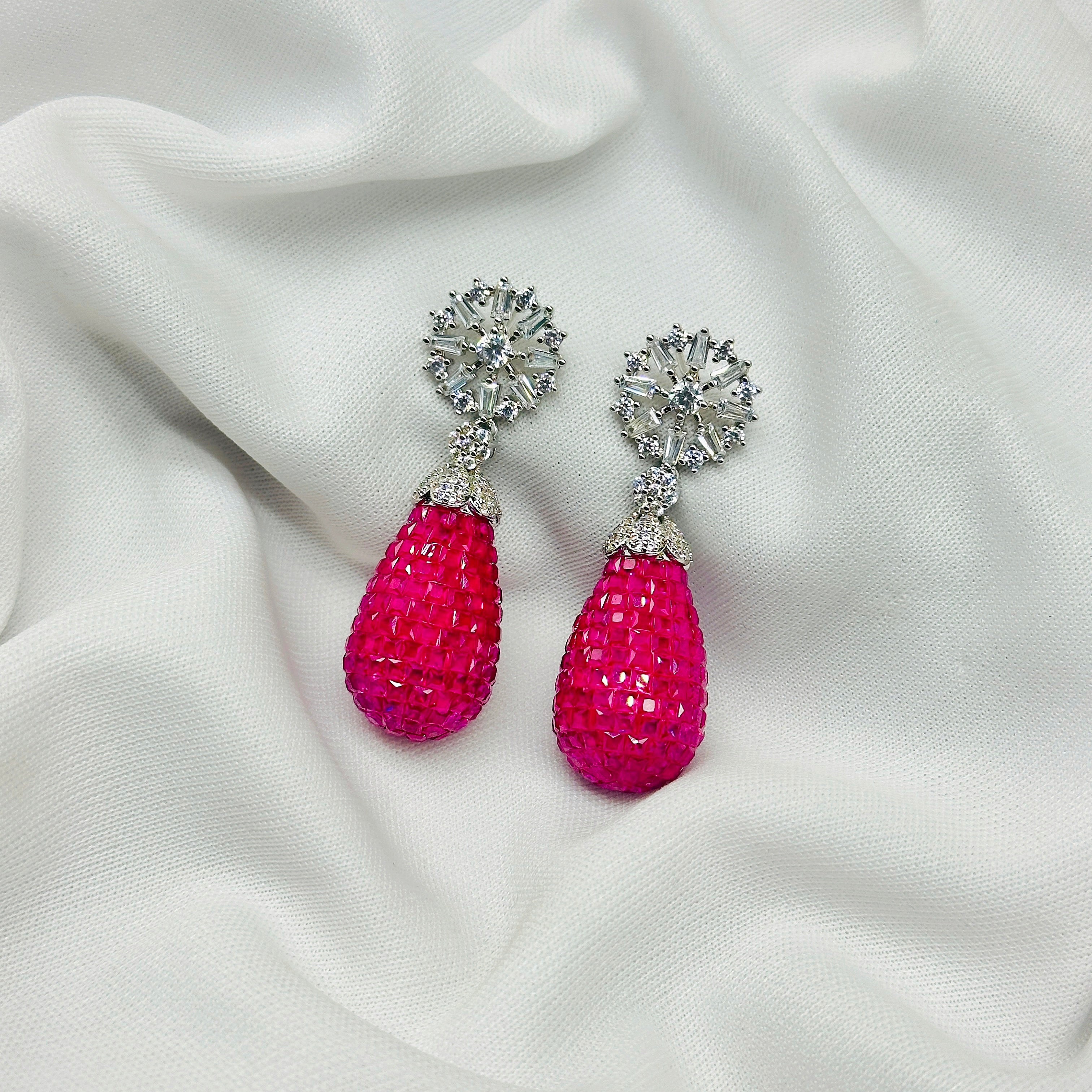 Emerald Pink Drop Earring For Girls , Diamond Studded