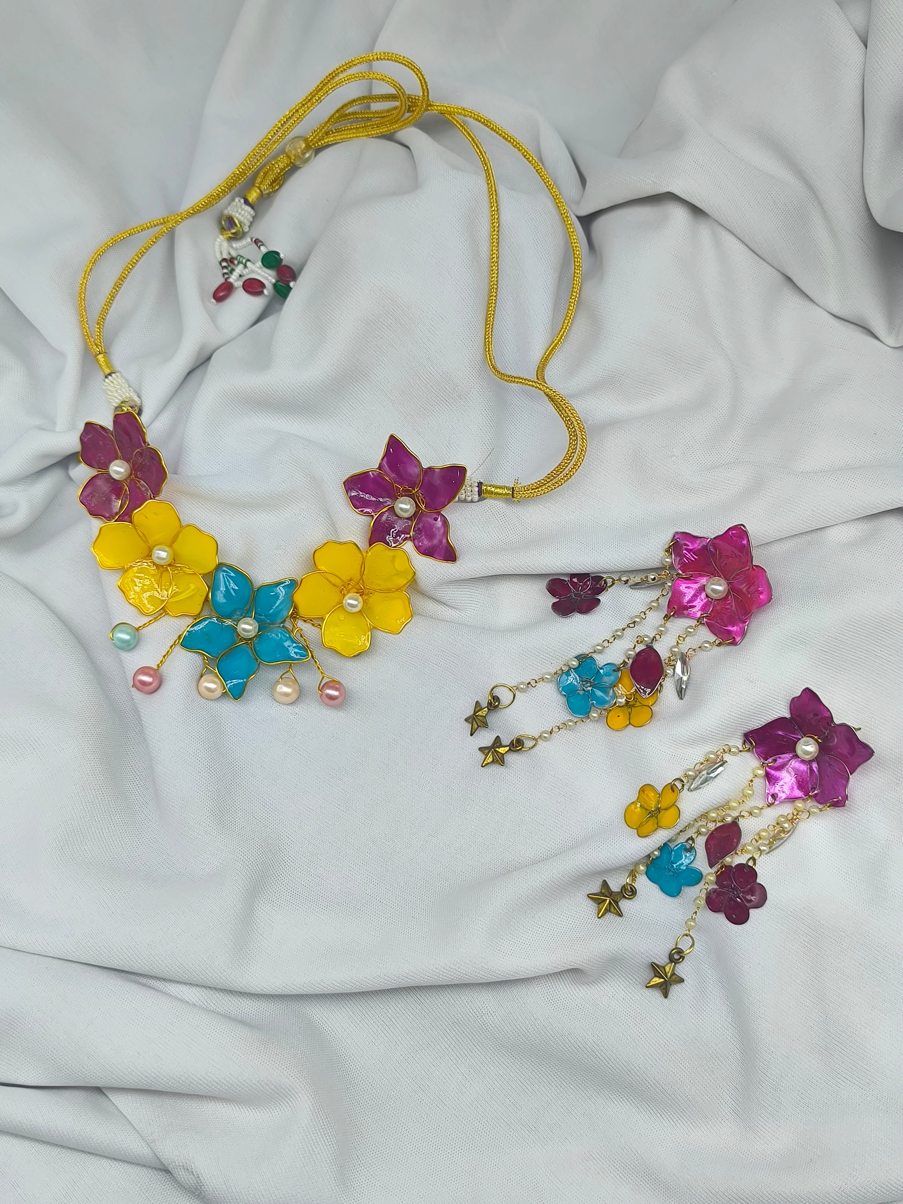 Resin Floral Necklace Set with Earrings | Handmade Multicolor Flower Jewellery