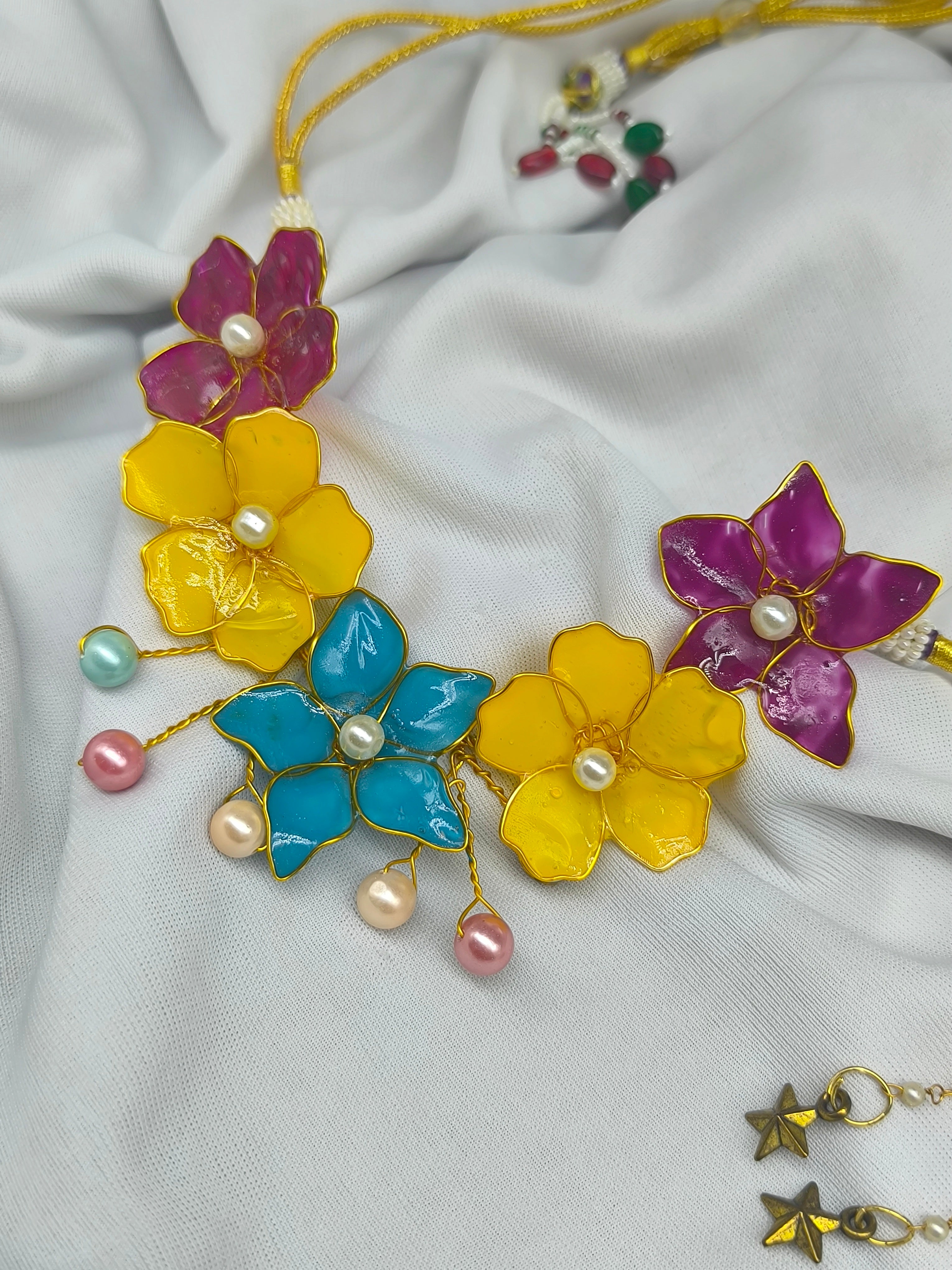 Resin Floral Necklace Set with Earrings | Handmade Multicolor Flower Jewellery