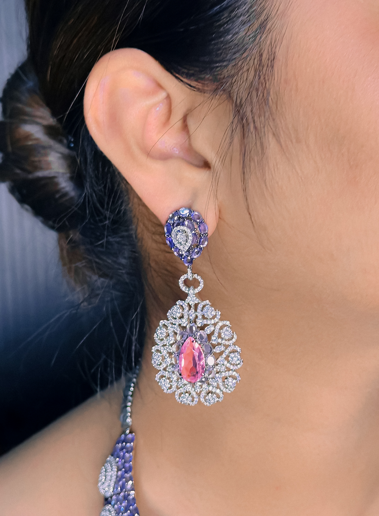 CZ PINK Stone Choker Necklace Set -Kavipushp Blings