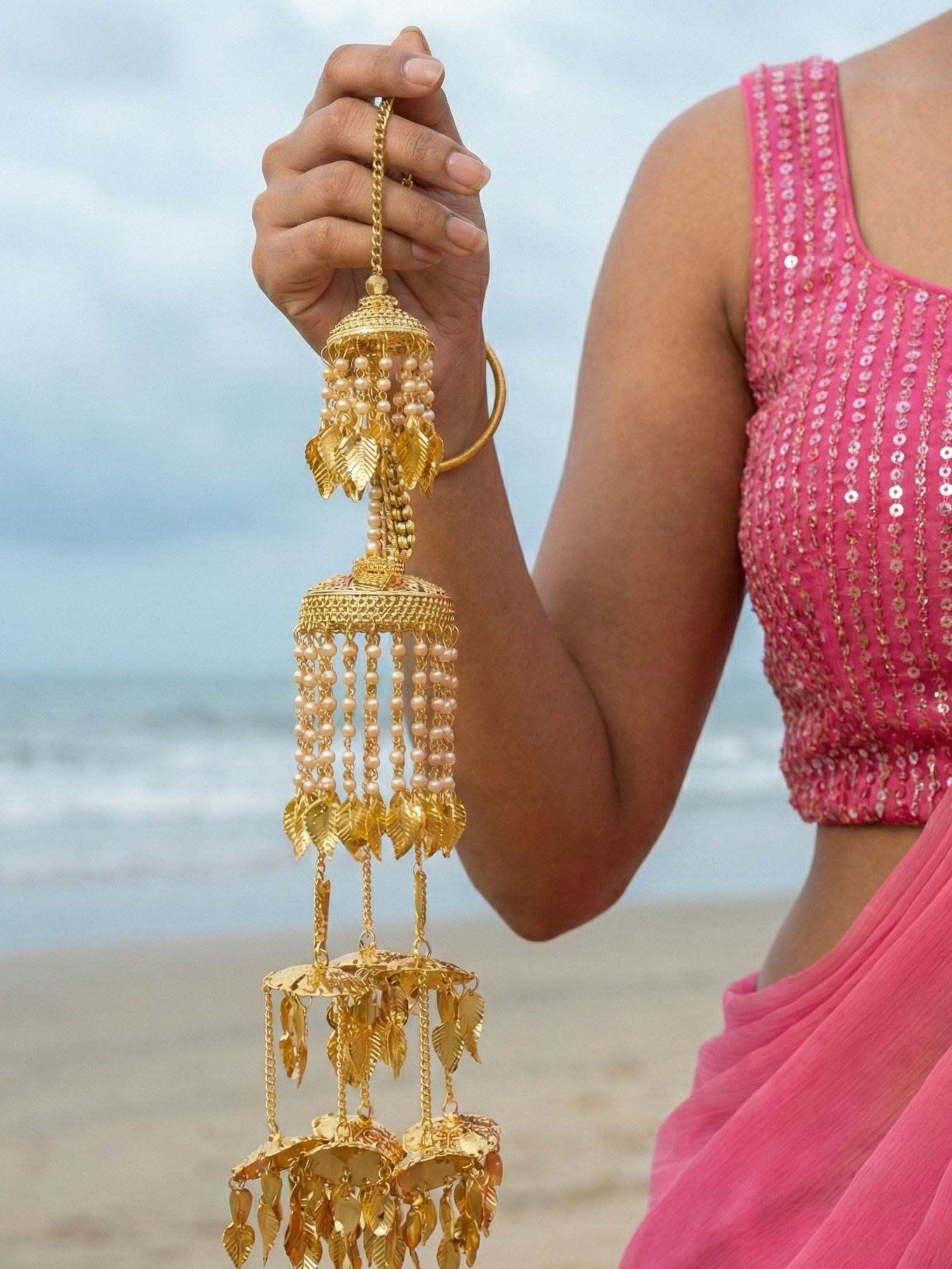 Gold Pearl Leaf Bridal Kaleere for Women | Traditional Multi-Layer Wedding Kaleera | Punjabi & North Indian Bridal Accessory