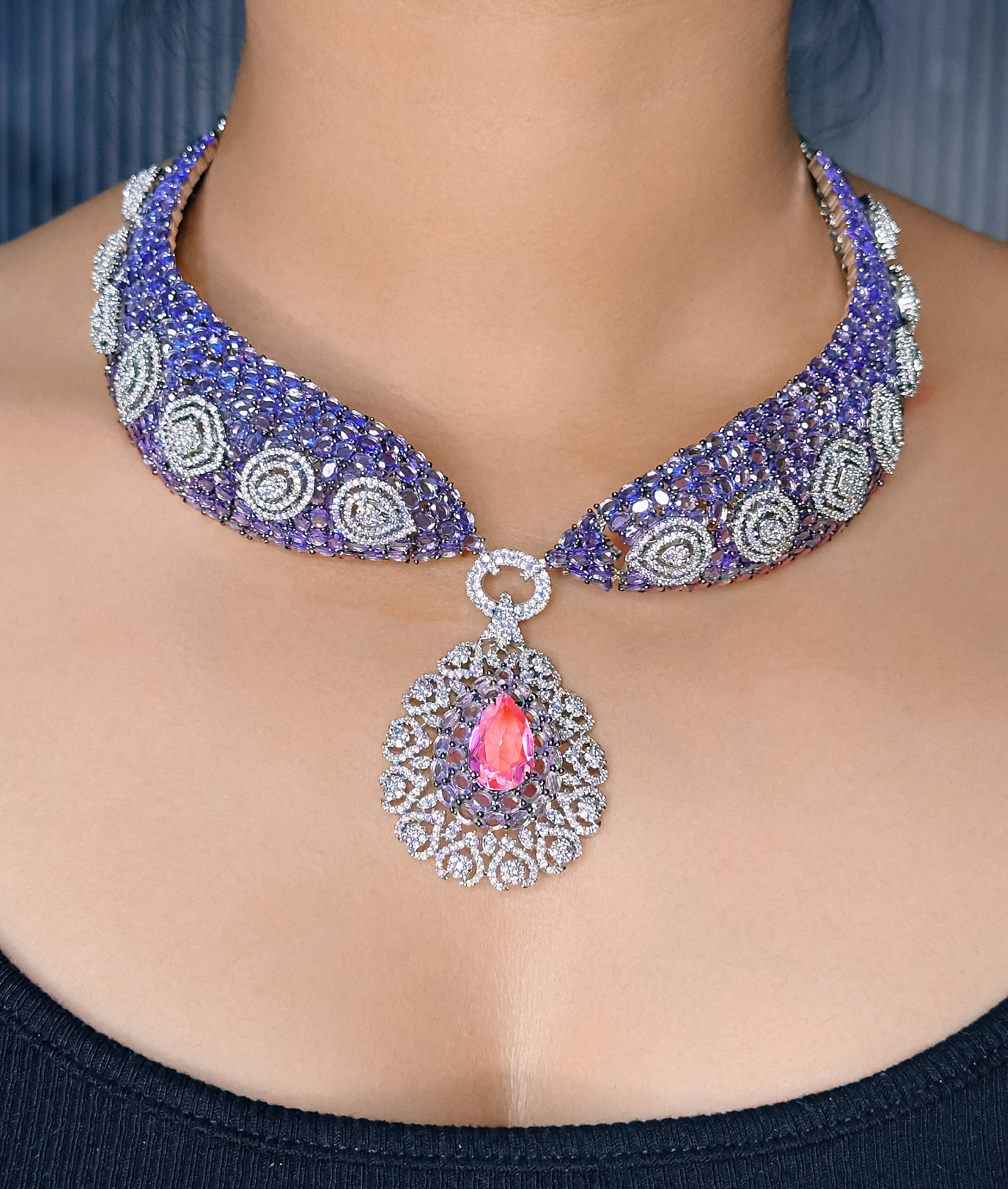 CZ PINK Stone Choker Necklace Set -Kavipushp Blings
