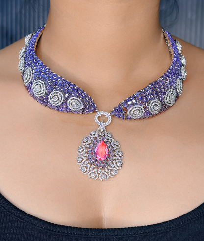 CZ PINK Stone Choker Necklace Set -Kavipushp Blings