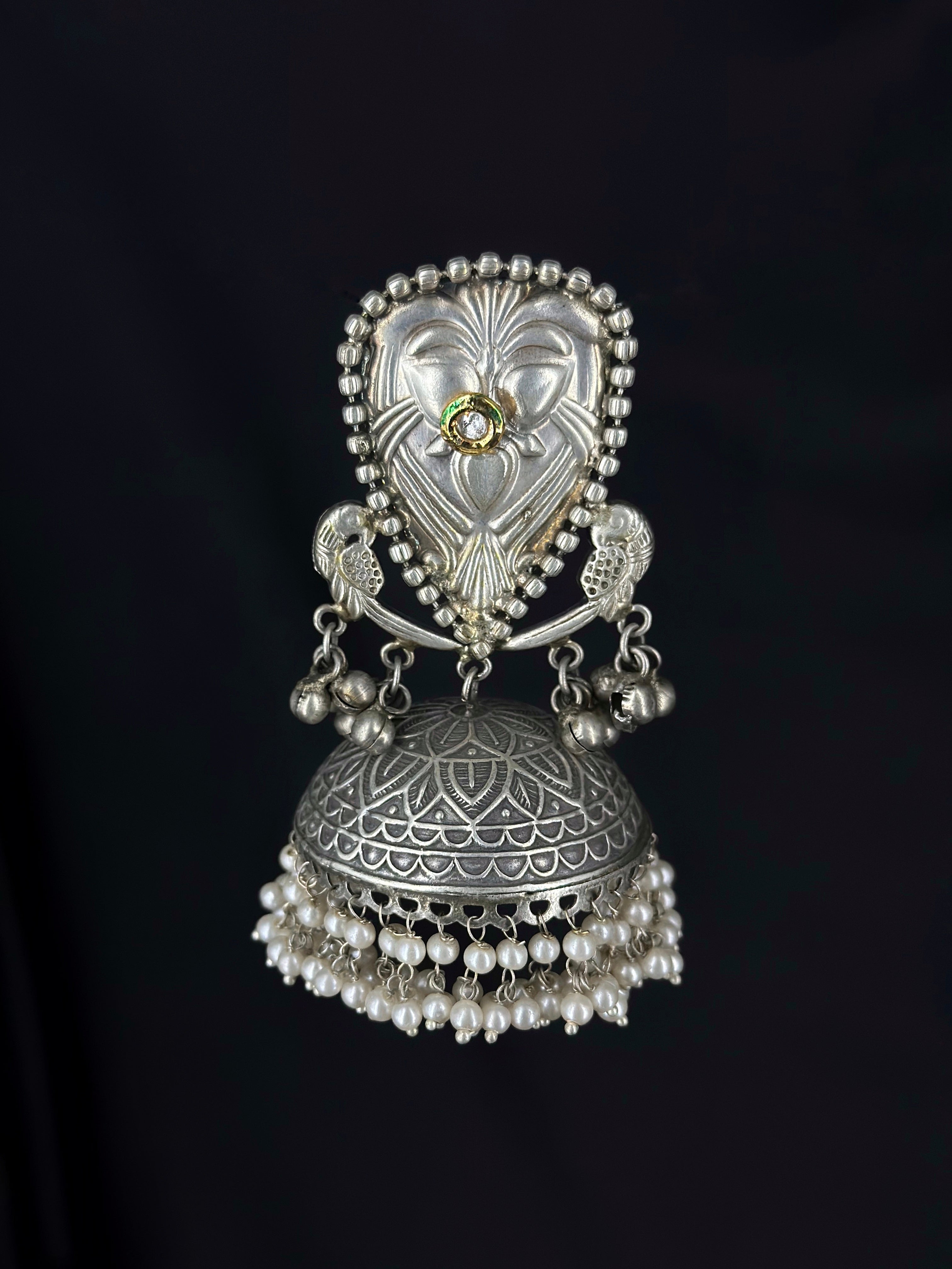 Handcrafted Oxidized Jhumkis with Peacock & Floral Motifs