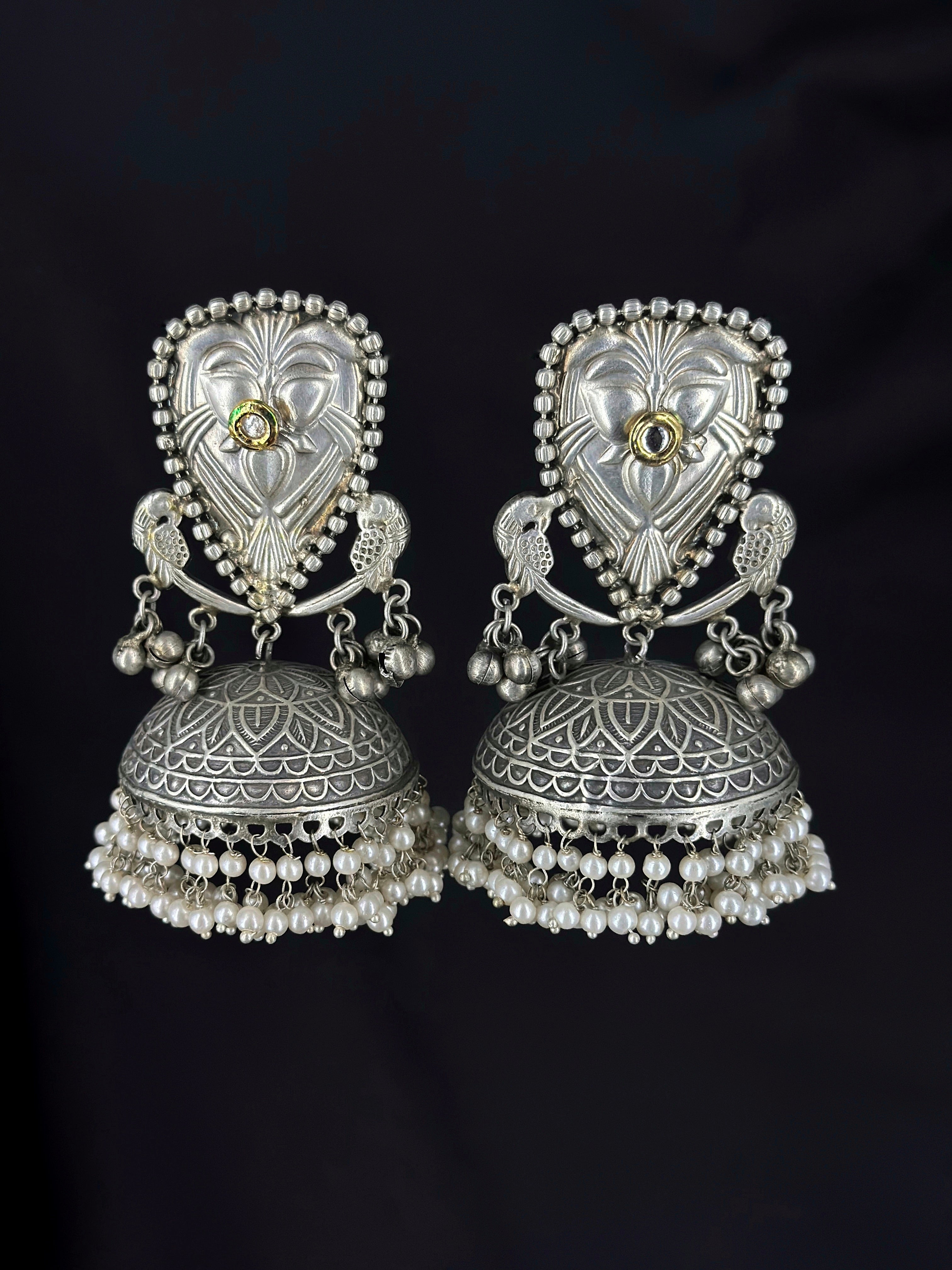 Handcrafted Oxidized Jhumkis with Peacock & Floral Motifs