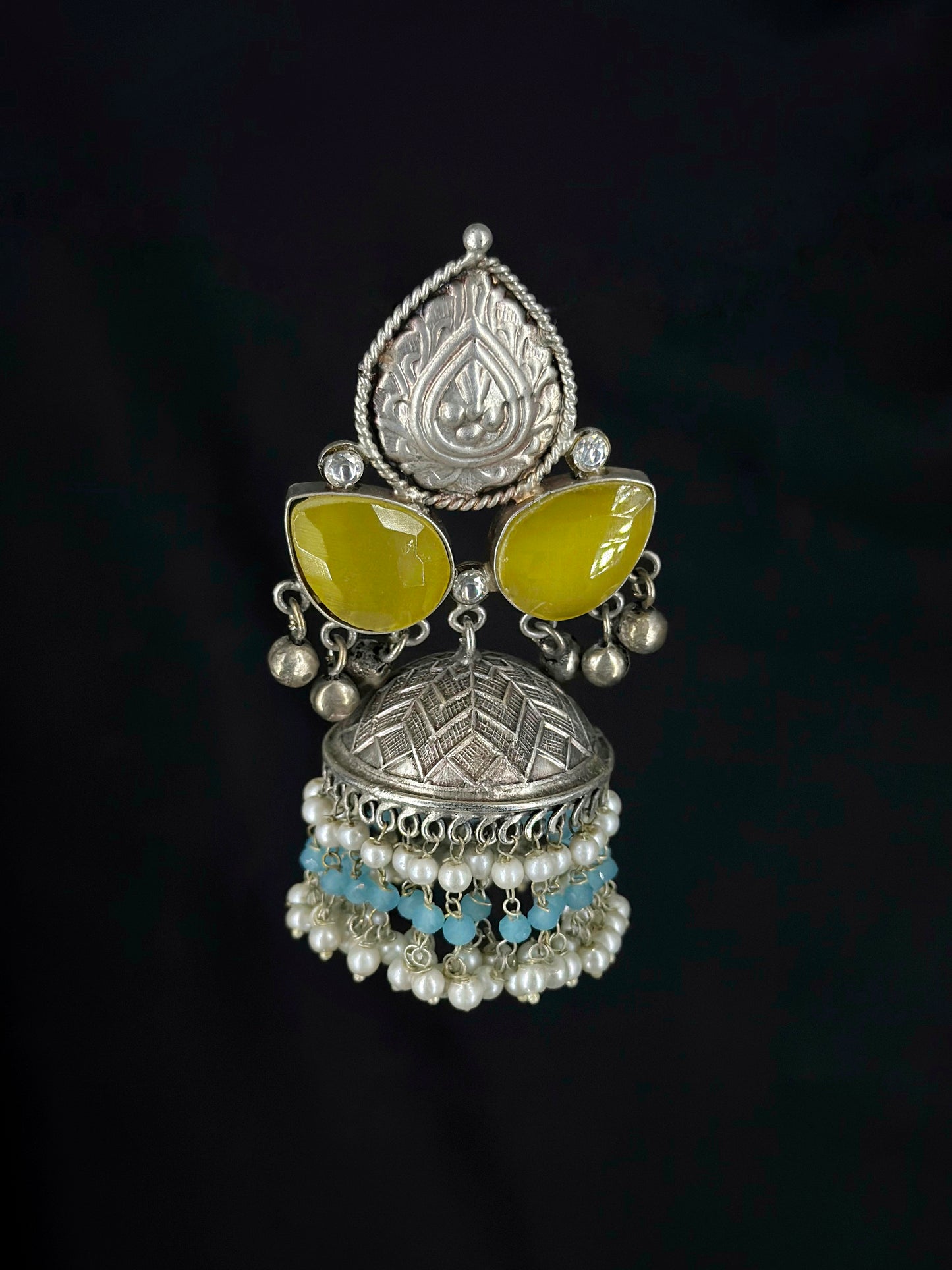 Traditional Oxidized Jhumki Earrings with Radiant Yellow Stones