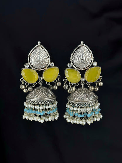 Traditional Oxidized Jhumki Earrings with Radiant Yellow Stones