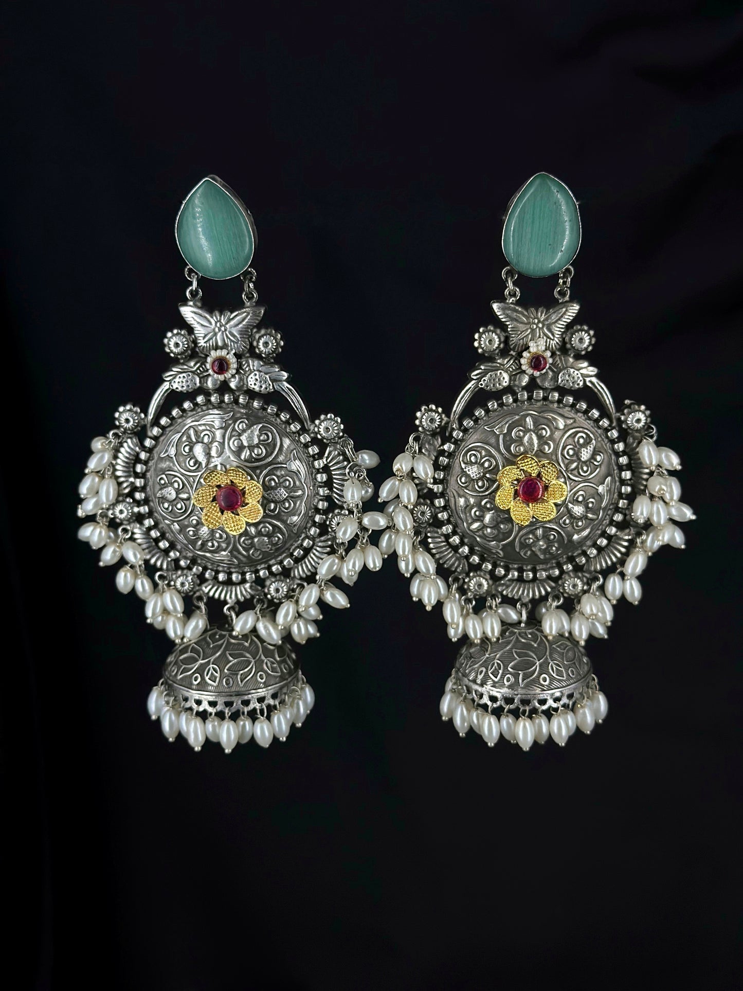 Light Green Oxidized Jhumkis for a Subtle look