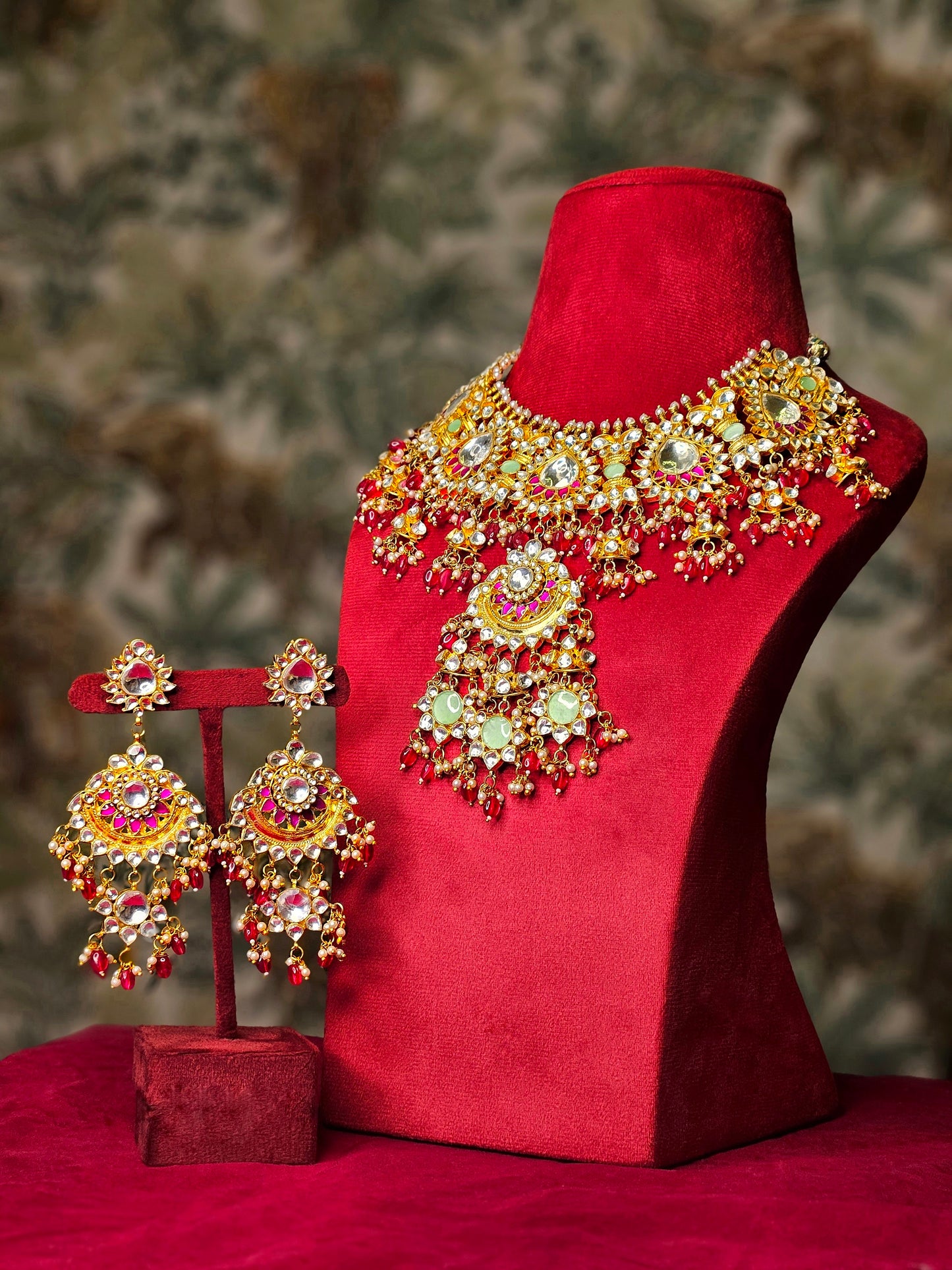 royal baisa green and red stone bridal ahemdabadi set