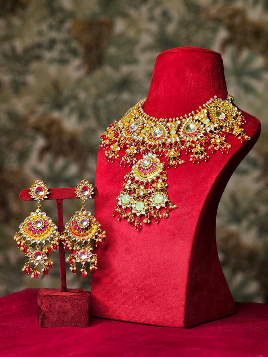 royal baisa green and red stone bridal ahemdabadi set