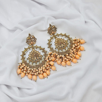 big jumbo chandbalis with peach pearl earring for women