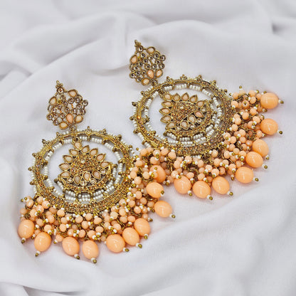 big jumbo chandbalis with peach pearl earring for women