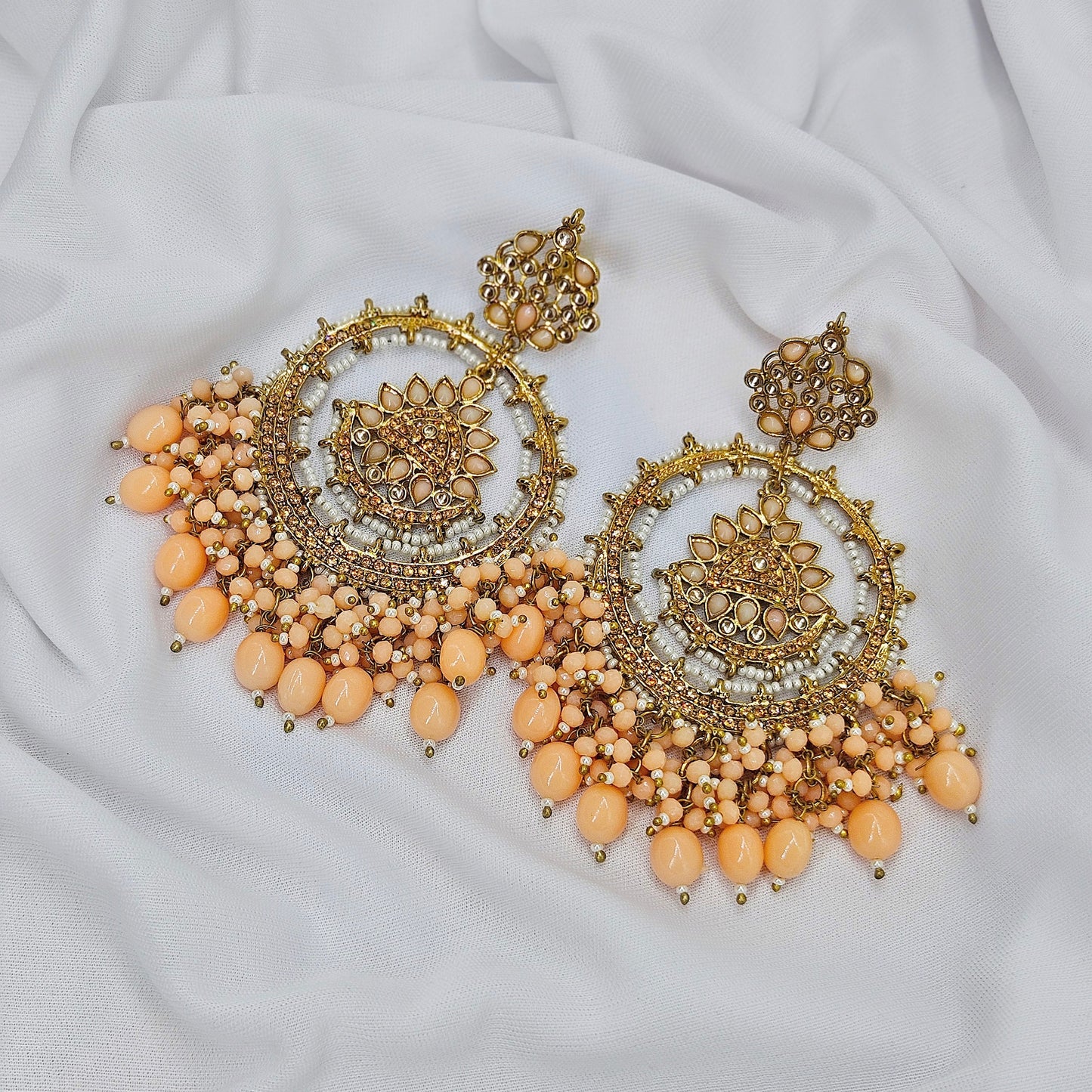 big jumbo chandbalis with peach pearl earring for women