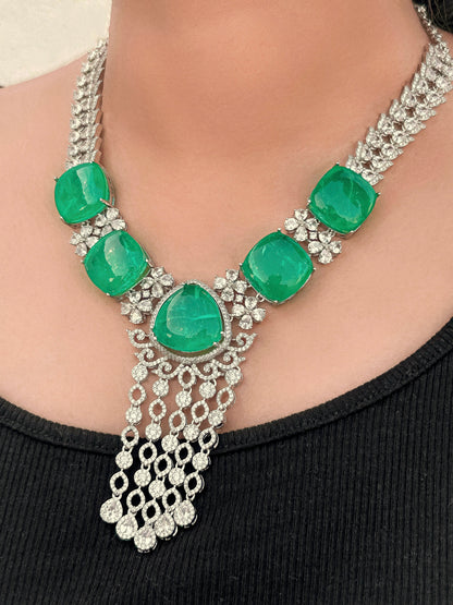 GREEN LUXURY STONE BEADED WITH SILVER HANGING NECKLACE SET