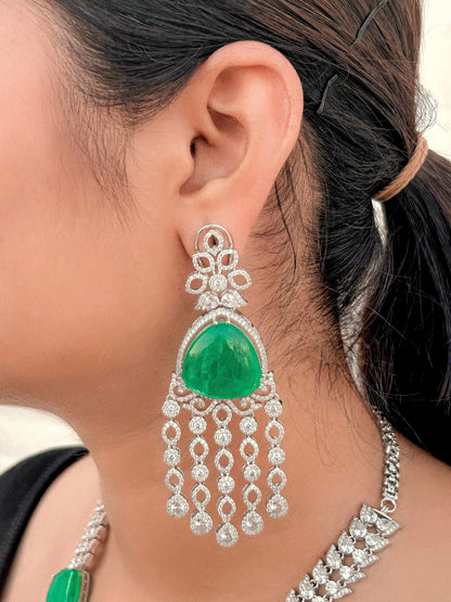 GREEN LUXURY STONE BEADED WITH SILVER HANGING NECKLACE SET