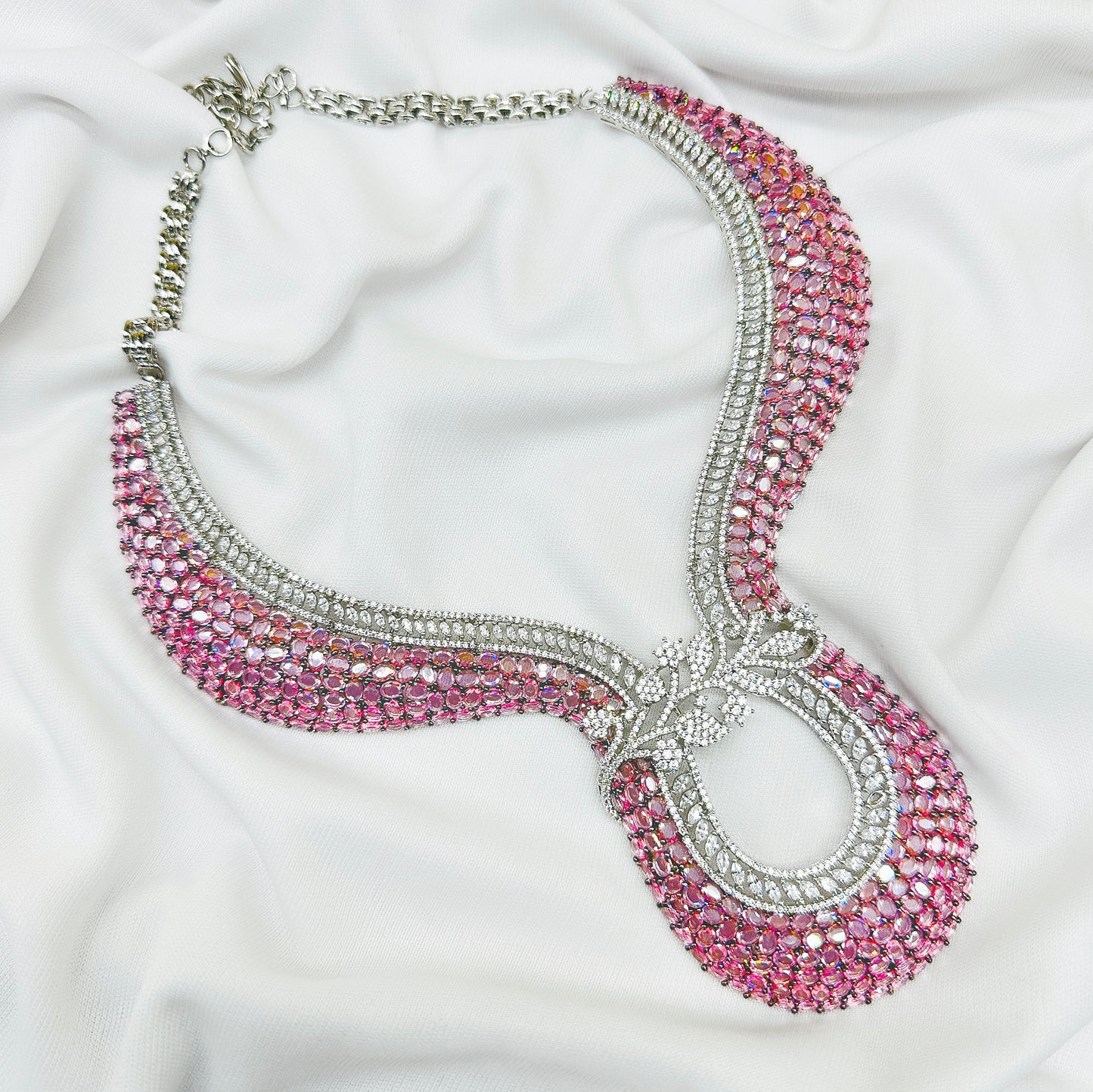 AD Pink Stone Choker Necklace Set -Kavipushp Blings