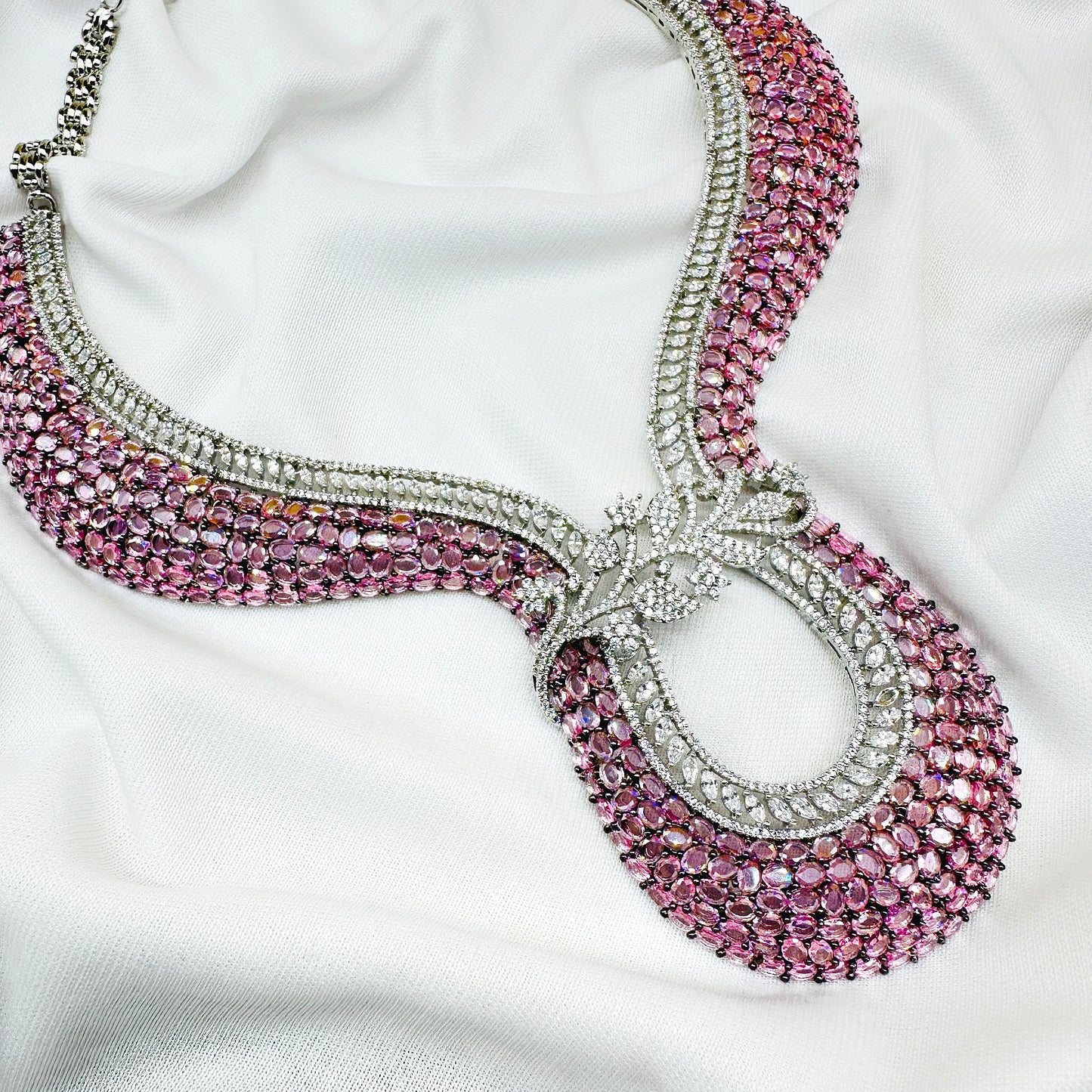 AD Pink Stone Choker Necklace Set -Kavipushp Blings