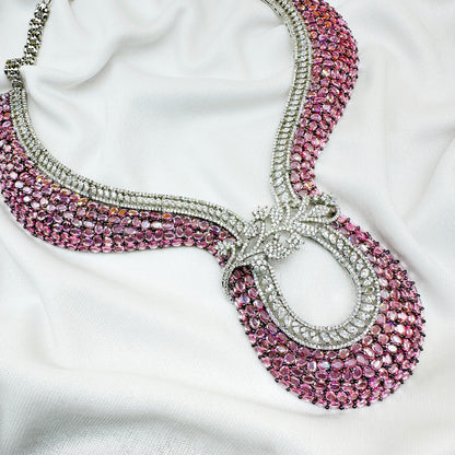 AD Pink Stone Choker Necklace Set -Kavipushp Blings