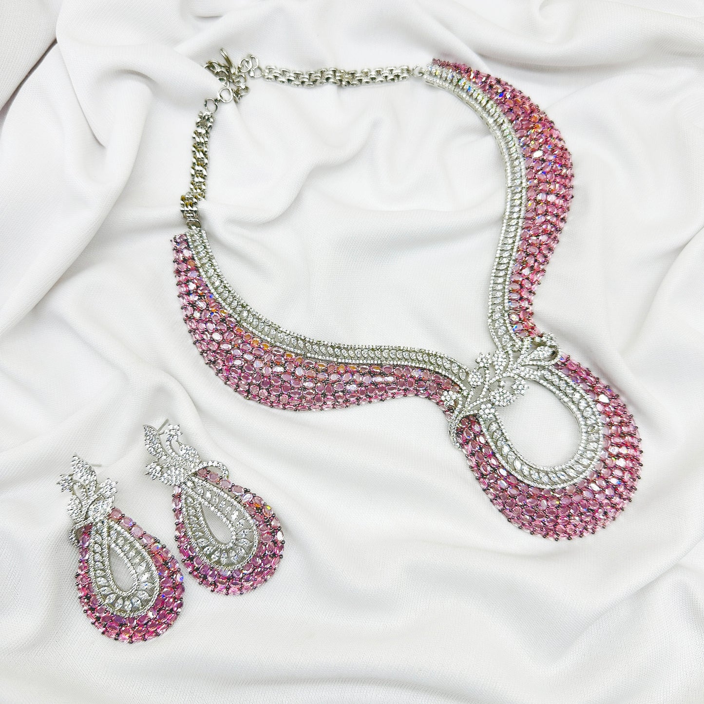 AD Pink Stone Choker Necklace Set -Kavipushp Blings