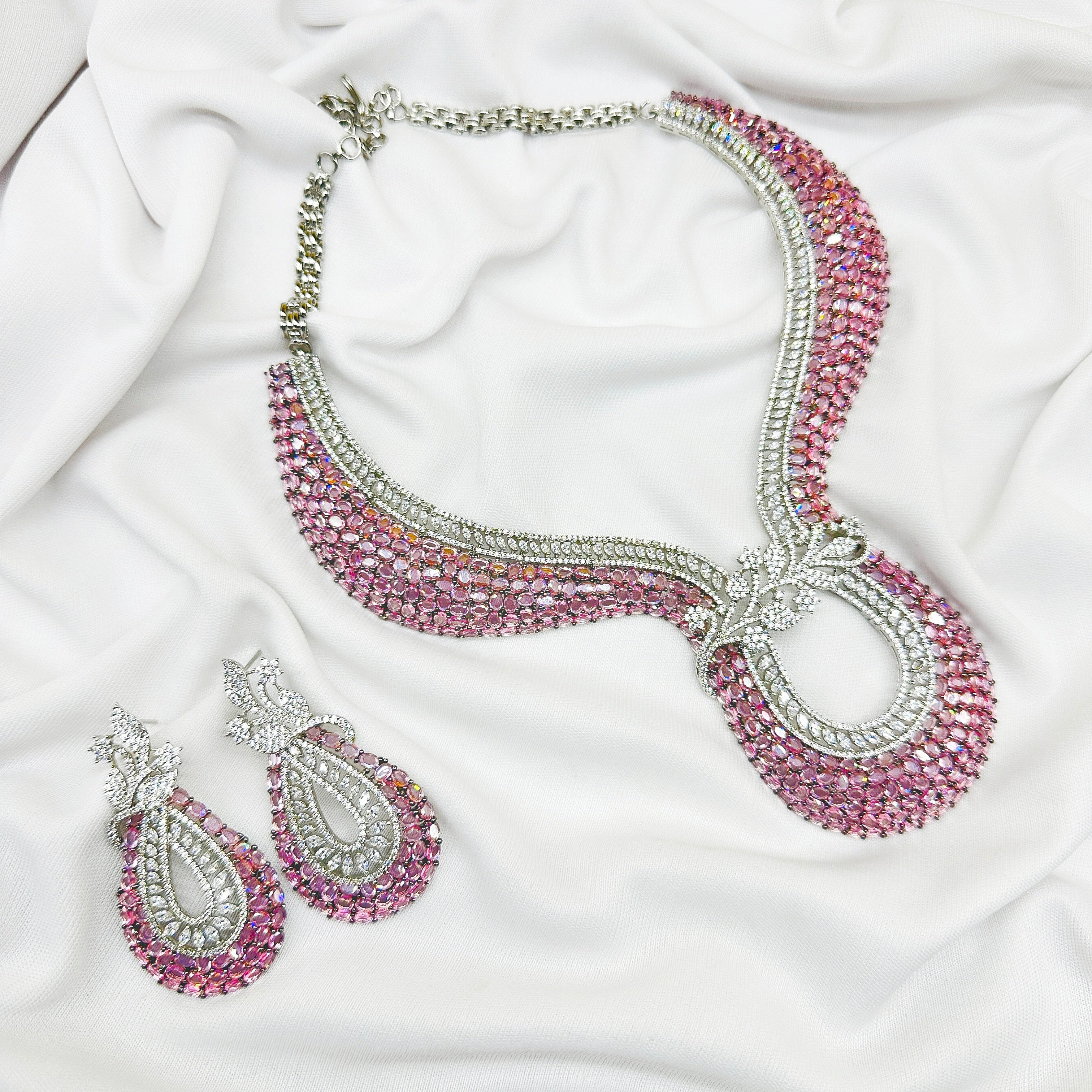 AD Pink Stone Choker Necklace Set -Kavipushp Blings