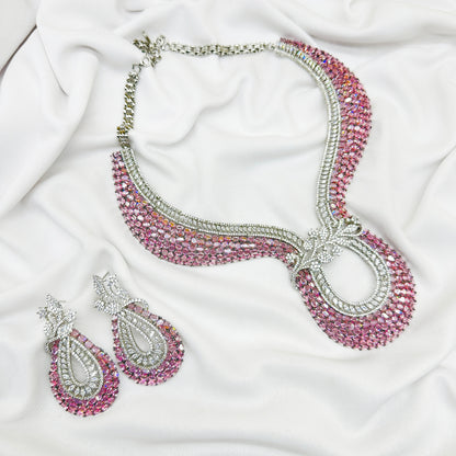 AD Pink Stone Choker Necklace Set -Kavipushp Blings