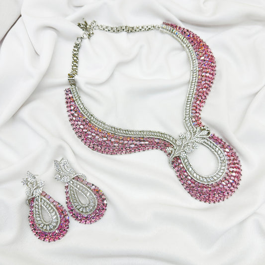 AD Pink Stone Choker Necklace Set -Kavipushp Blings