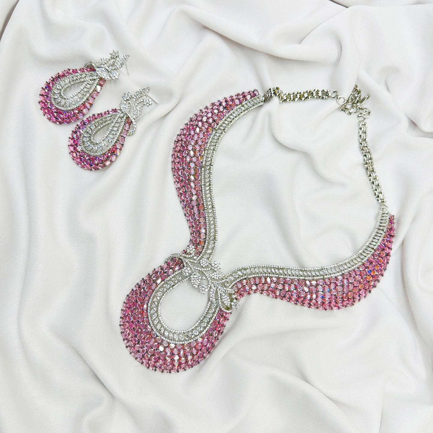 AD Pink Stone Choker Necklace Set -Kavipushp Blings