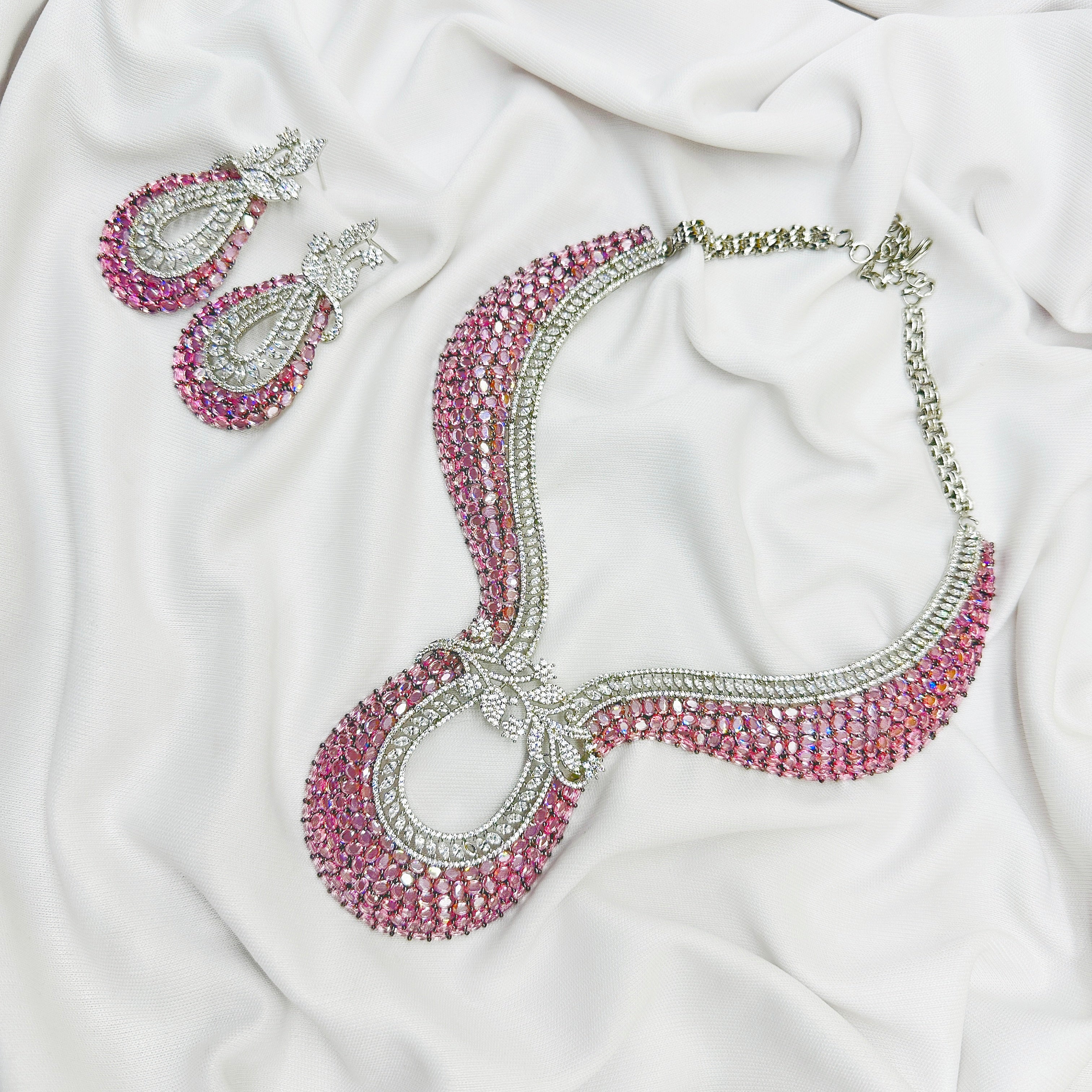 AD Pink Stone Choker Necklace Set -Kavipushp Blings