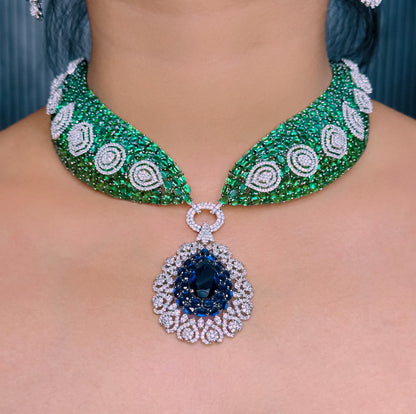 CZ Green Stone Choker Necklace Set -Kavipushp Blings