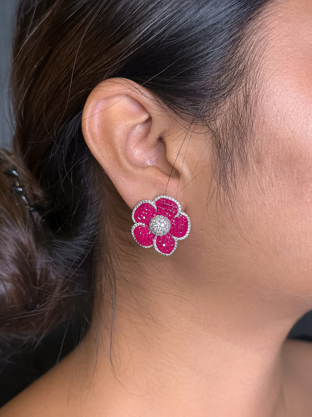 Small Elegant Pink and Silver Stud Earrings for Women