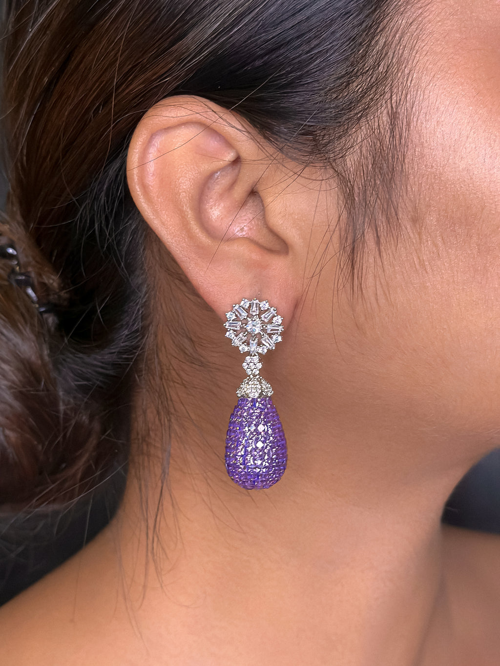 Emerald Purple Drop Earring For Girls , Diamond Studded